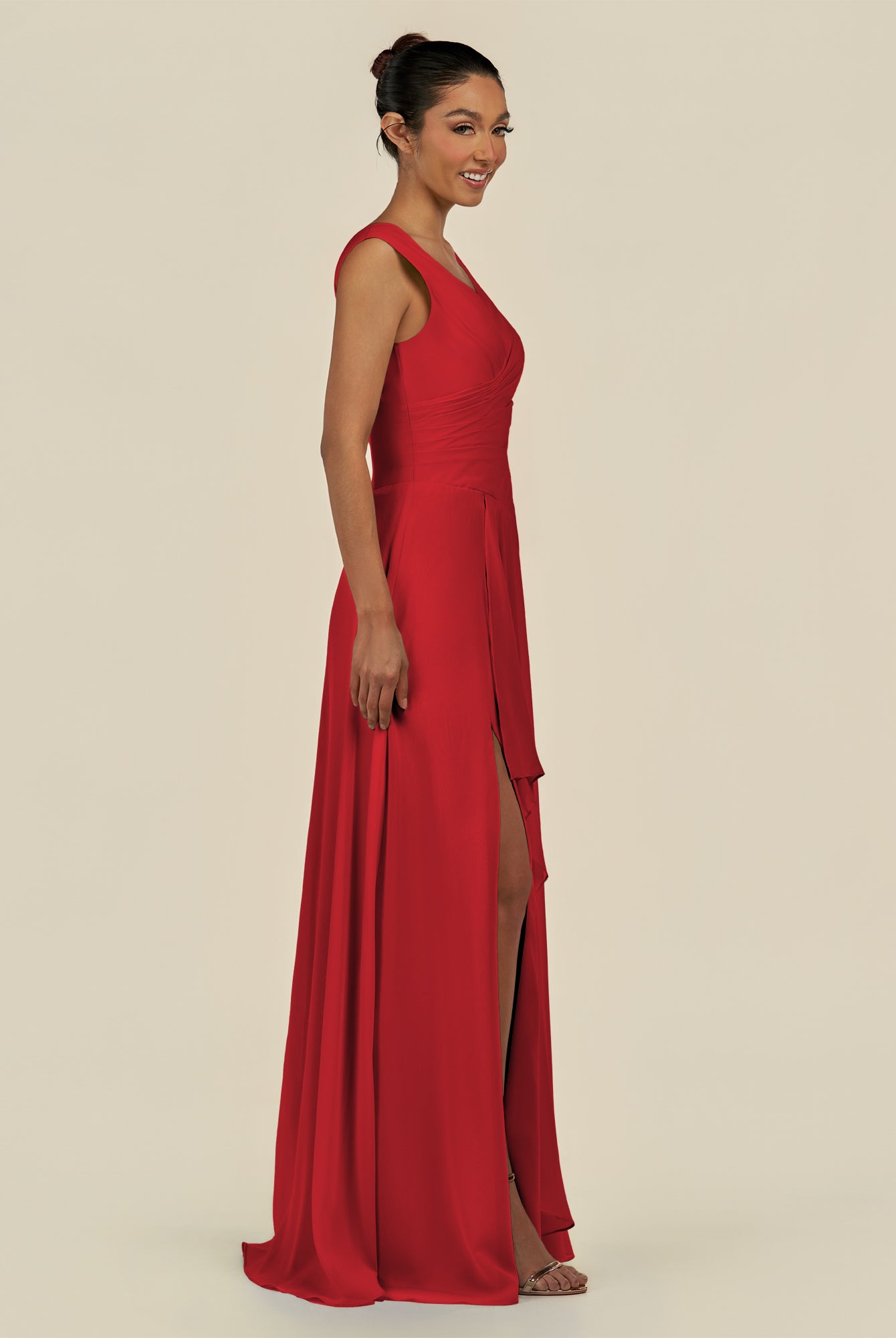 KissDress-Saphir Ruby Red A Line Chiffon V Neck Ruched Long Bridesmaid Dress with Slit