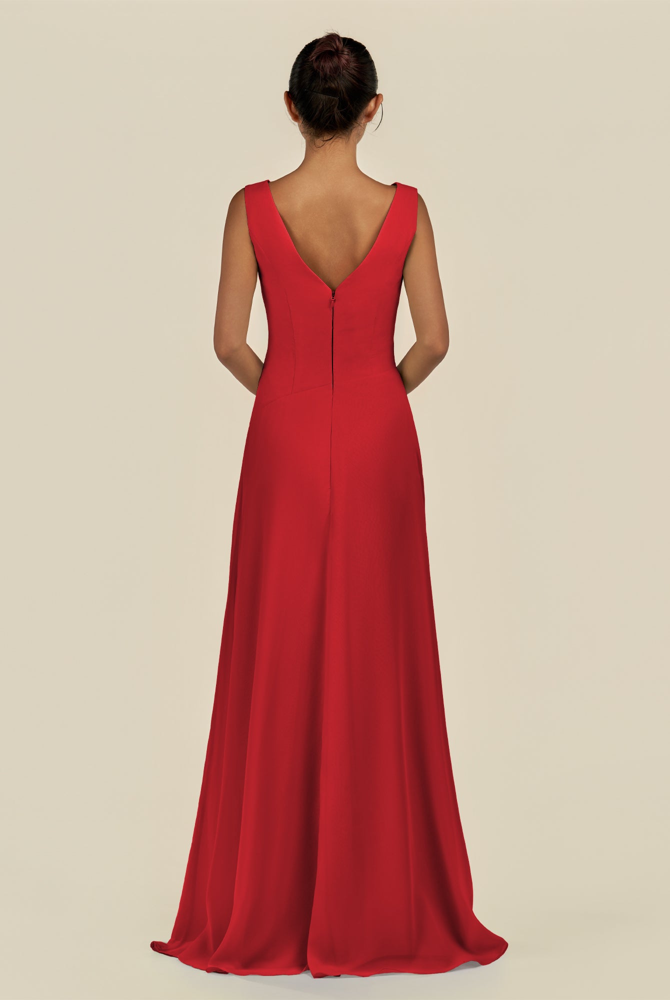 KissDress-Saphir Ruby Red A Line Chiffon V Neck Ruched Long Bridesmaid Dress with Slit