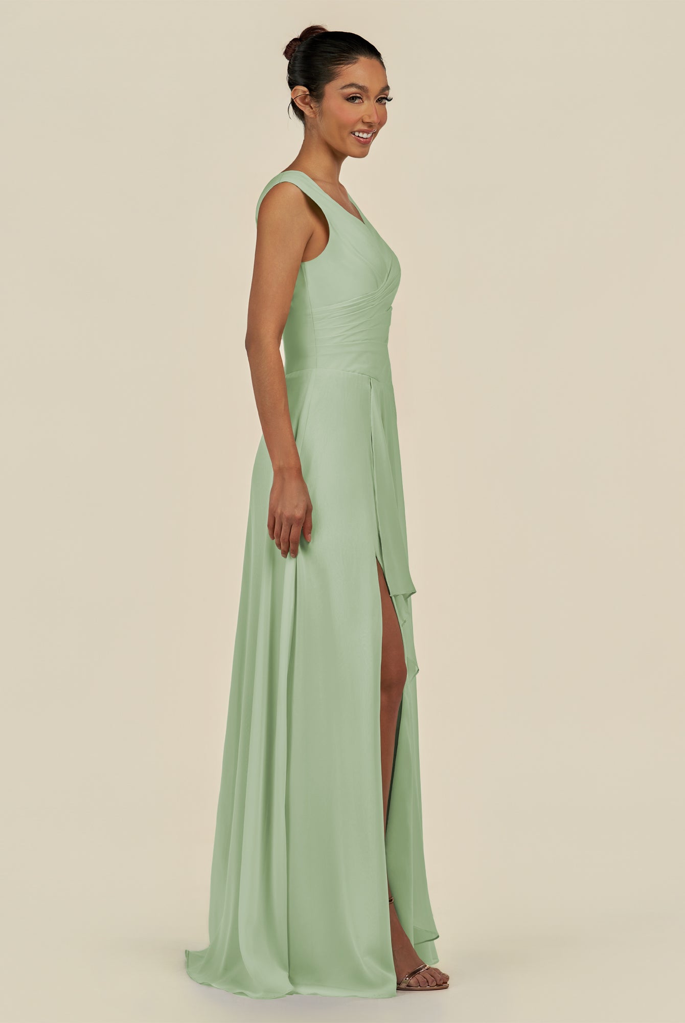 KissDress-Saphir Sage A Line Chiffon V Neck Ruched Long Bridesmaid Dress with Slit