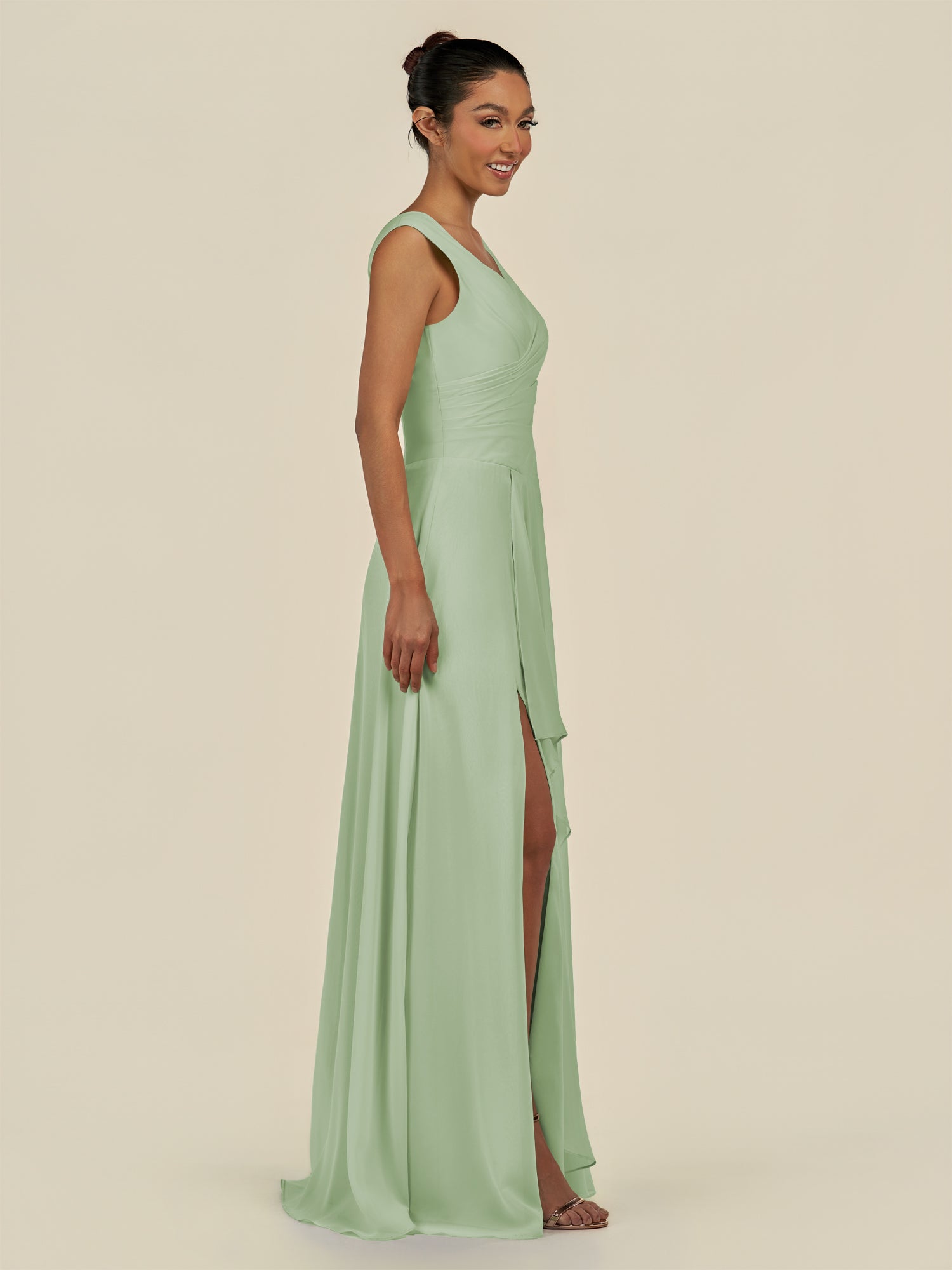 KissDress-Saphir Sage A Line Chiffon V Neck Ruched Long Bridesmaid Dress with Slit