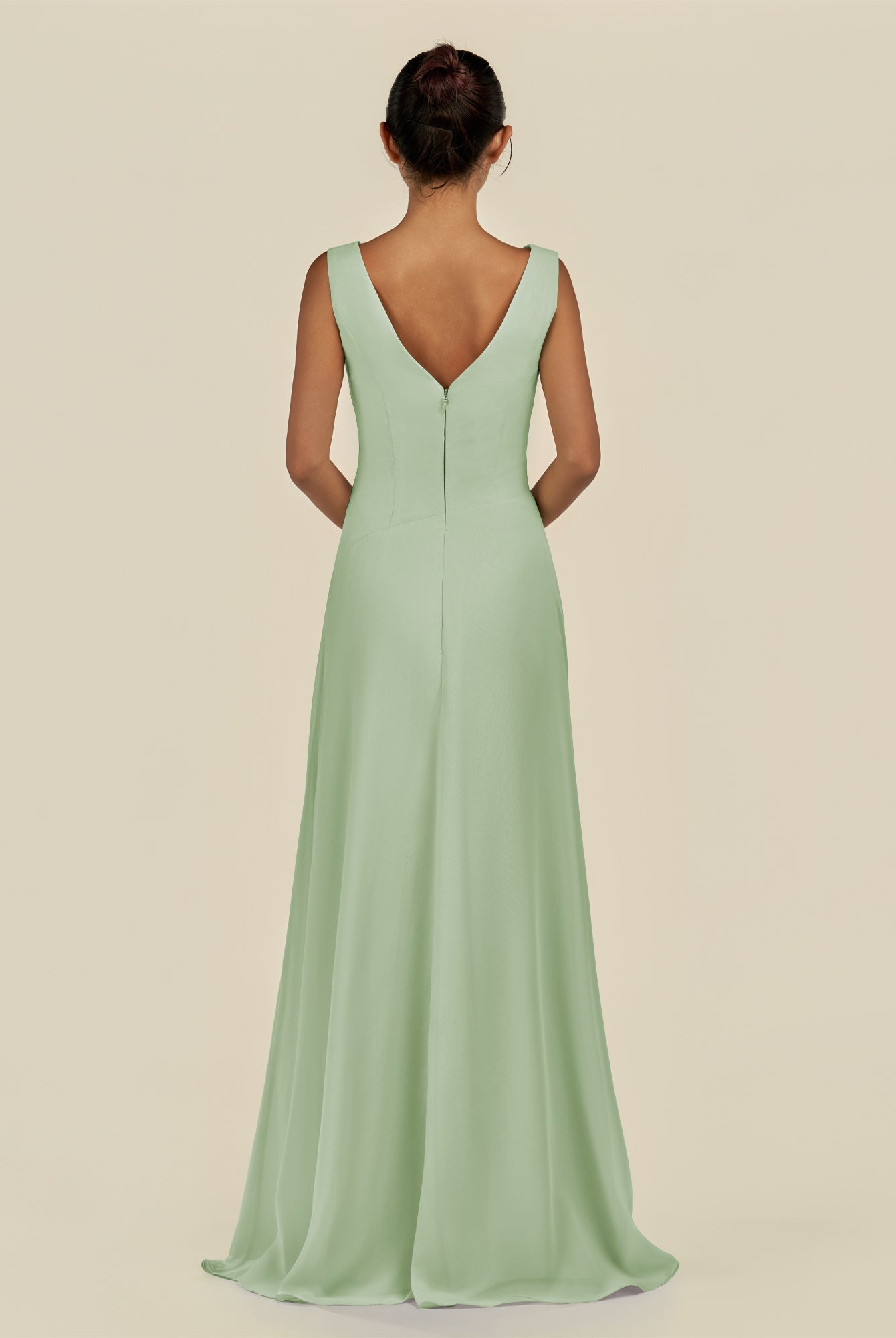 KissDress-Saphir Sage A Line Chiffon V Neck Ruched Long Bridesmaid Dress with Slit