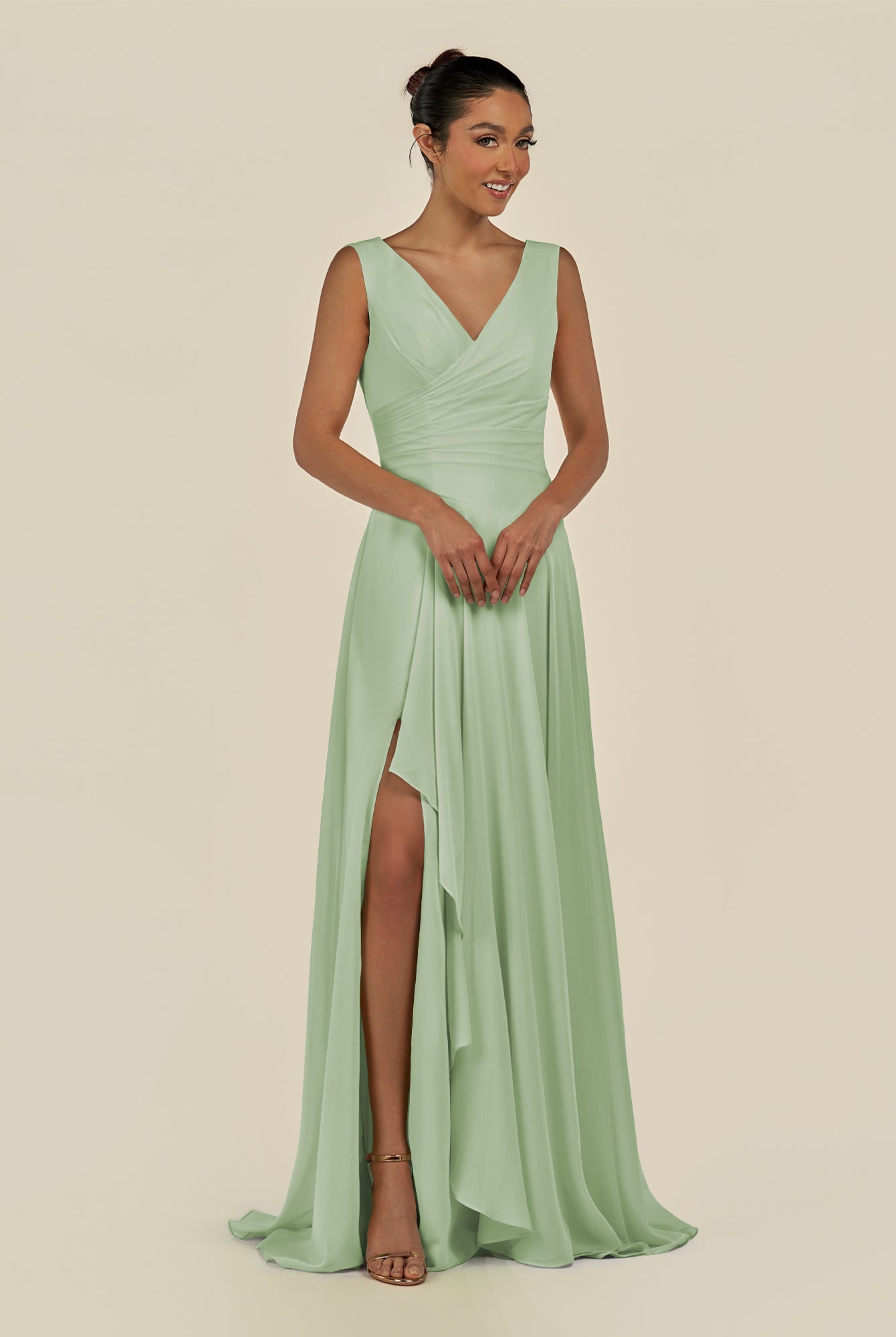 KissDress-Saphir Sage A Line Chiffon V Neck Ruched Long Bridesmaid Dress with Slit