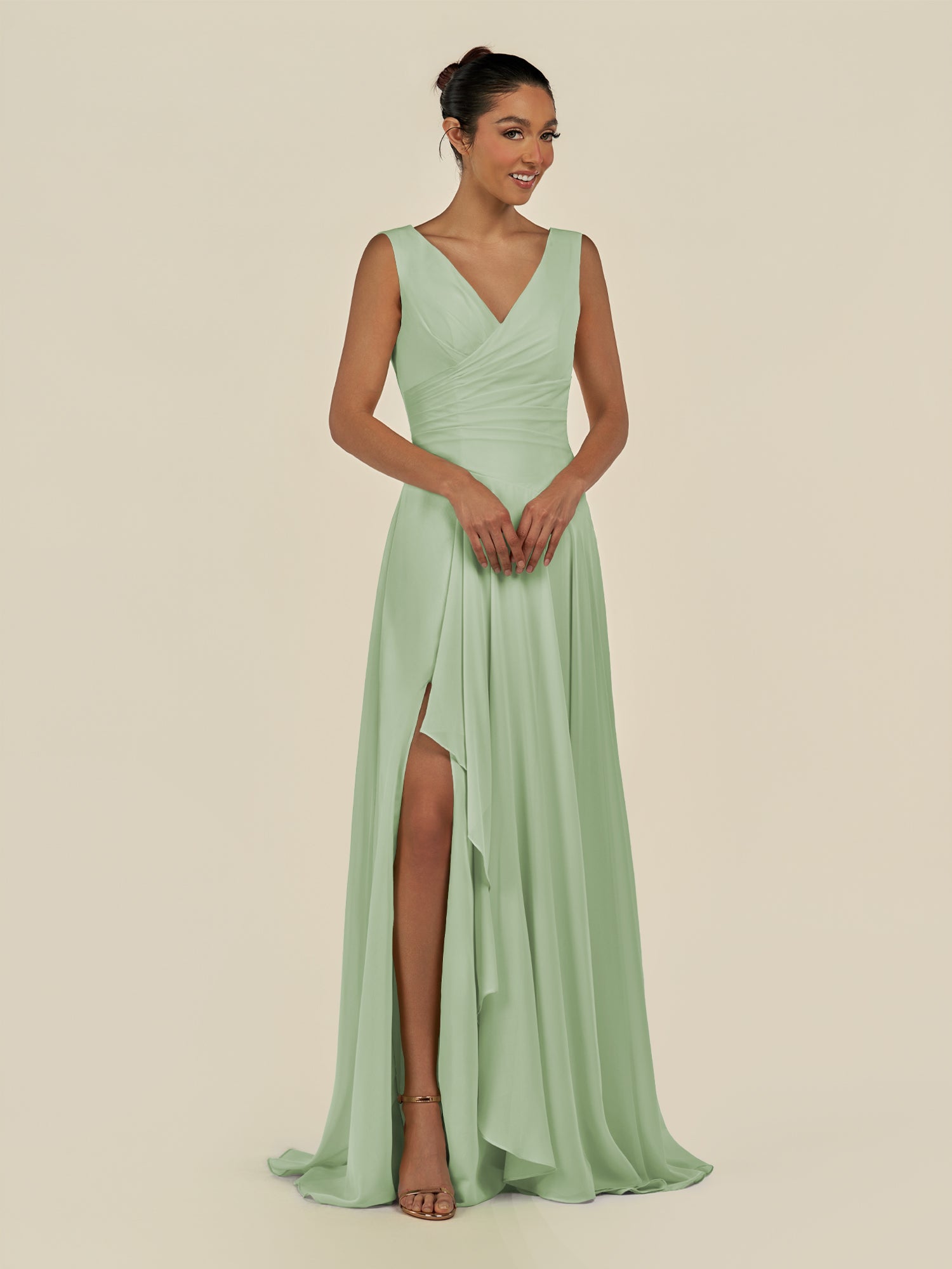 KissDress-Saphir Sage A Line Chiffon V Neck Ruched Long Bridesmaid Dress with Slit