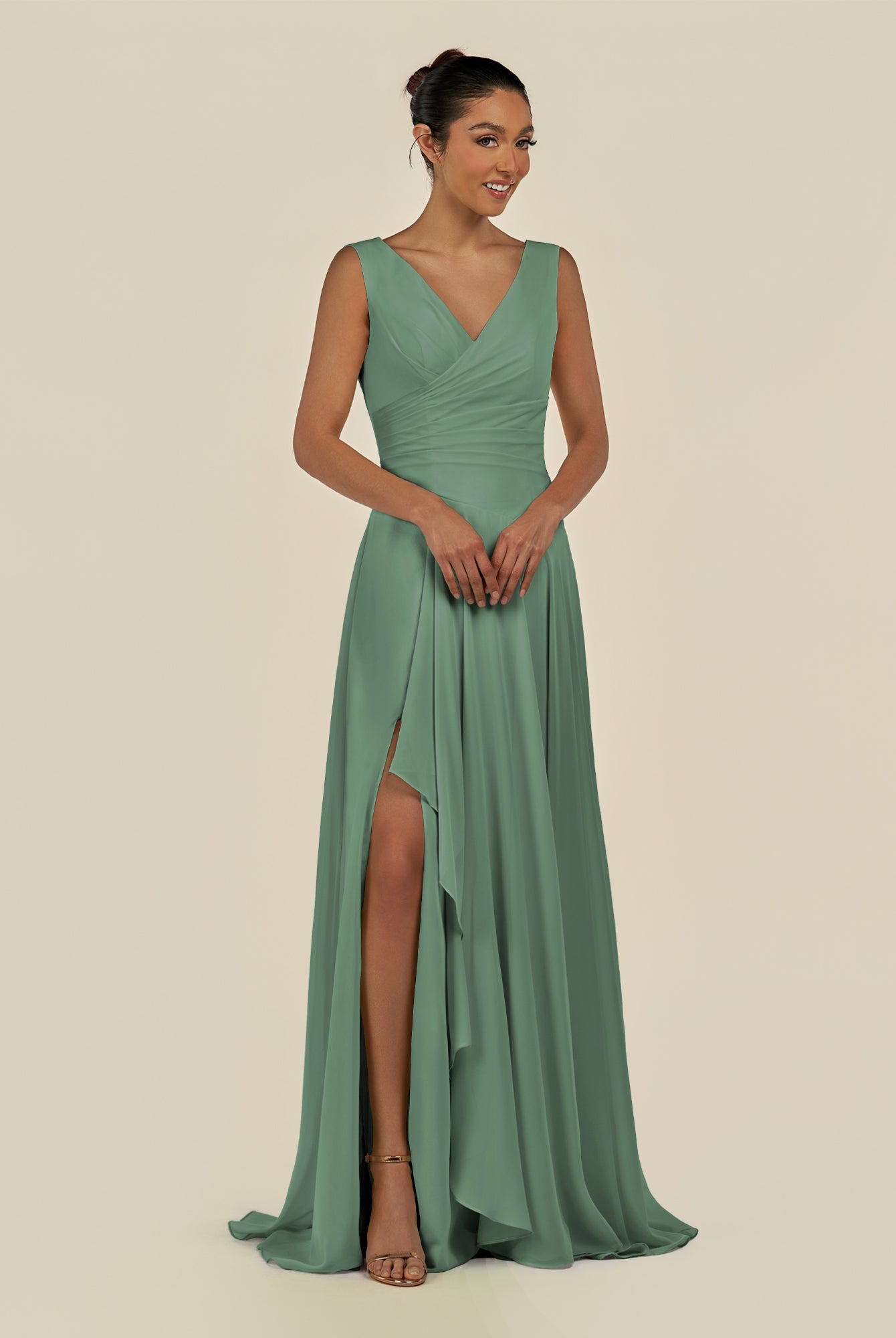 KissDress-Saphir Sea Glass A Line Chiffon V Neck Ruched Long Bridesmaid Dress with Slit