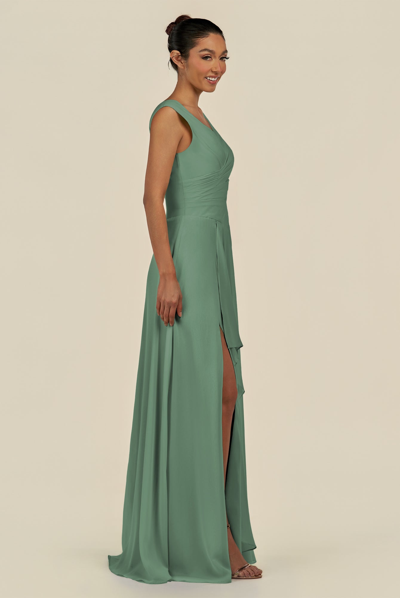 KissDress-Saphir Sea Glass A Line Chiffon V Neck Ruched Long Bridesmaid Dress with Slit