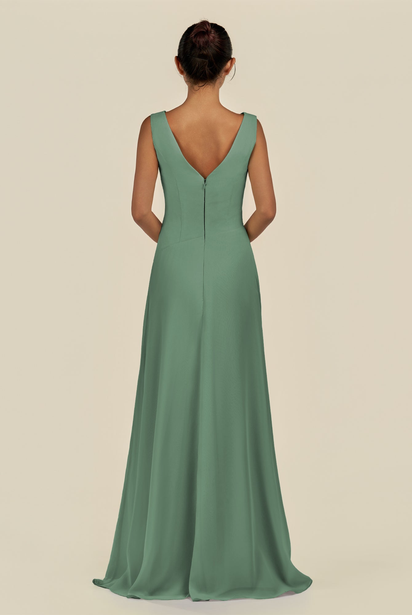 KissDress-Saphir Sea Glass A Line Chiffon V Neck Ruched Long Bridesmaid Dress with Slit