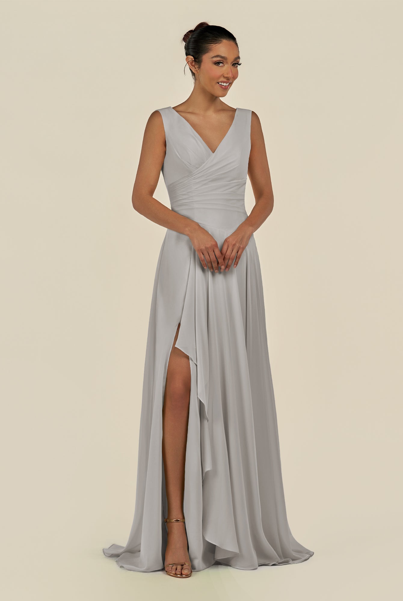 KissDress-Saphir Silver A Line Chiffon V Neck Ruched Long Bridesmaid Dress with Slit