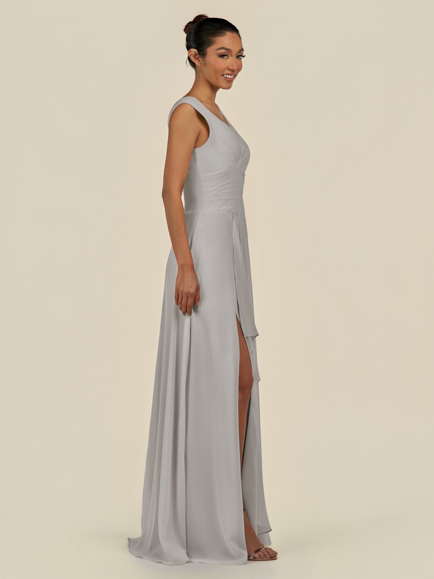 KissDress-Saphir Silver A Line Chiffon V Neck Ruched Long Bridesmaid Dress with Slit