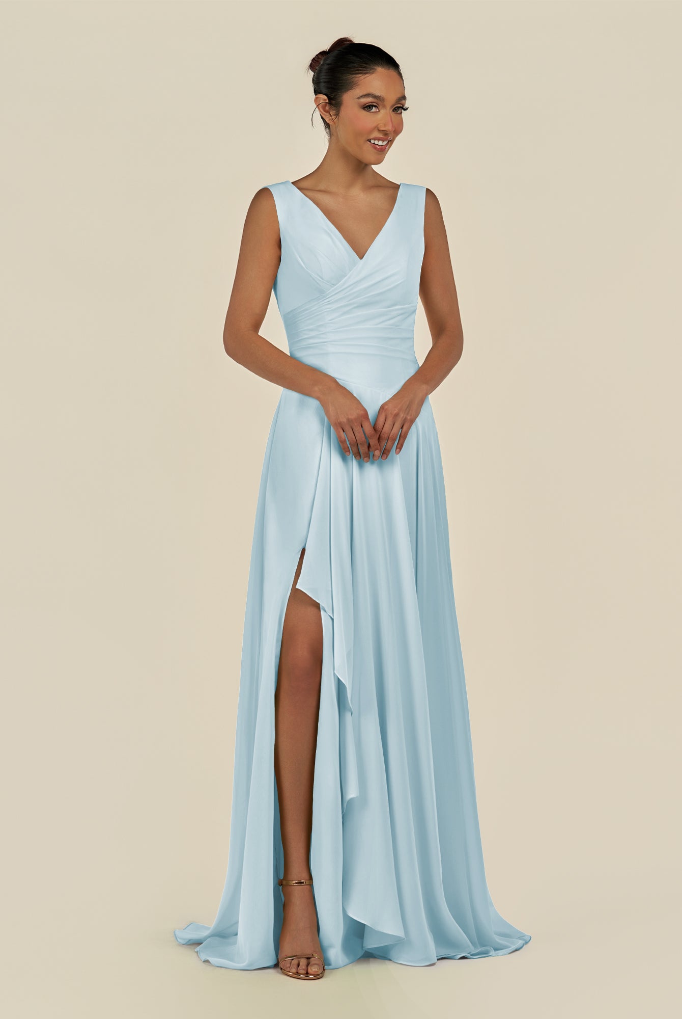 KissDress-Saphir Sky Blue A Line Chiffon V Neck Ruched Long Bridesmaid Dress with Slit
