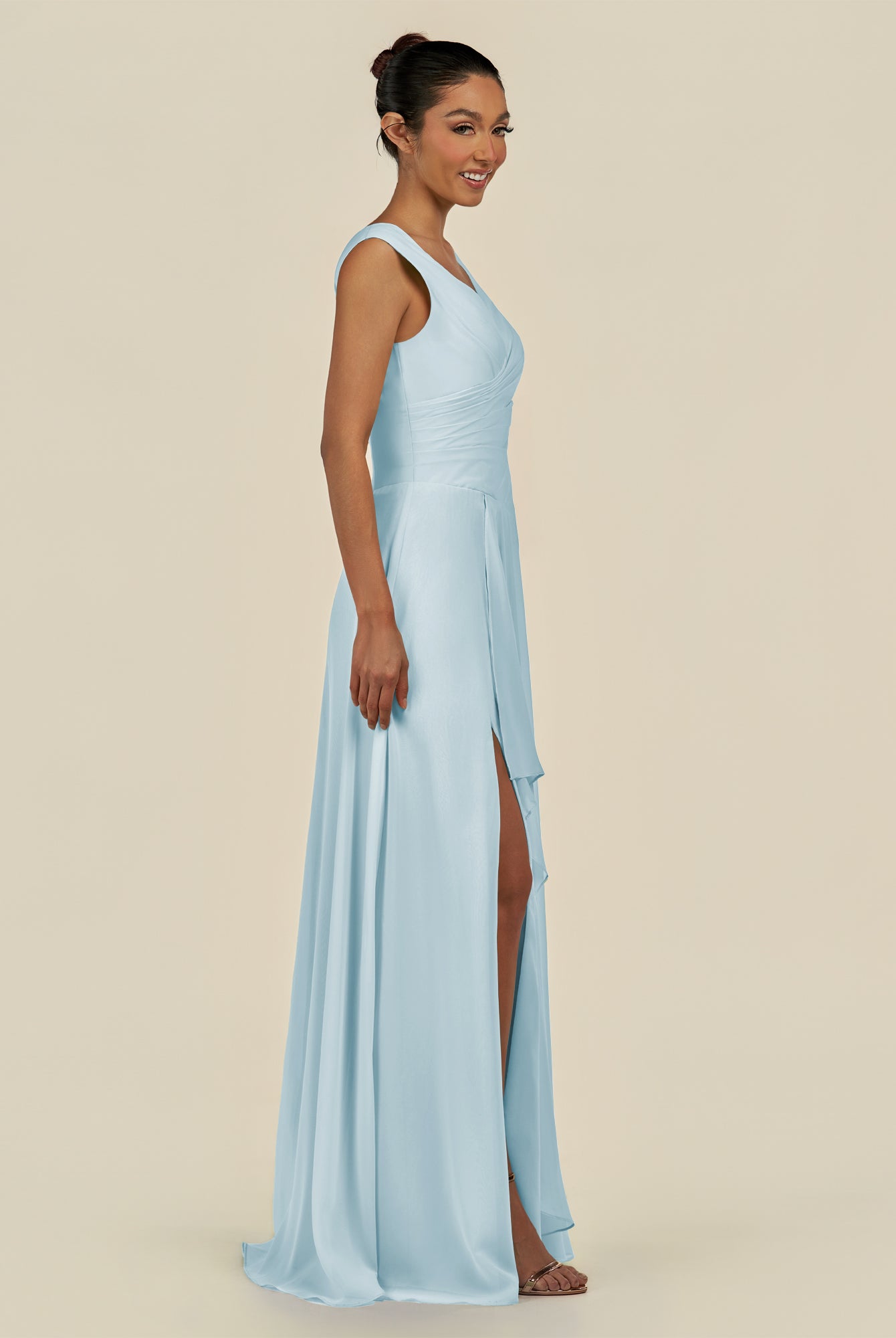 KissDress-Saphir Sky Blue A Line Chiffon V Neck Ruched Long Bridesmaid Dress with Slit
