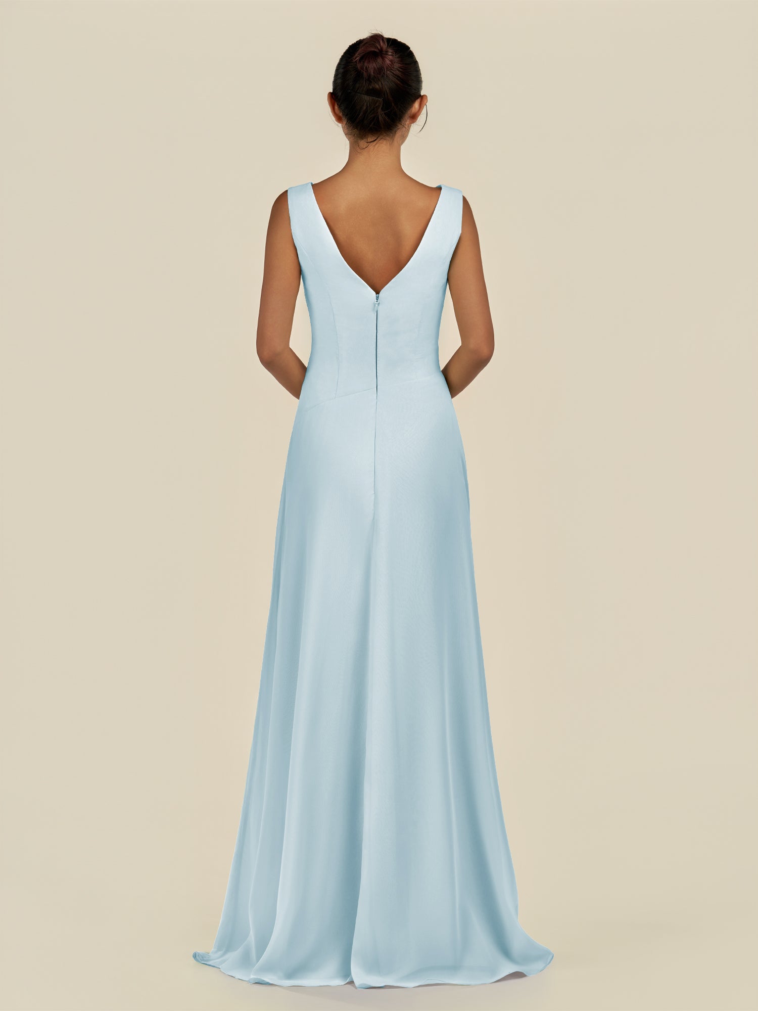 KissDress-Saphir Sky Blue A Line Chiffon V Neck Ruched Long Bridesmaid Dress with Slit