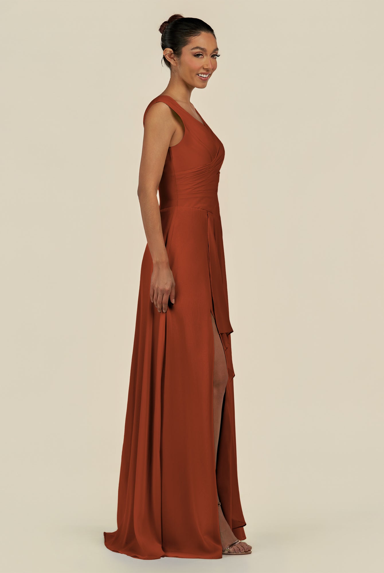 KissDress-Saphir Spice A Line Chiffon V Neck Ruched Long Bridesmaid Dress with Slit