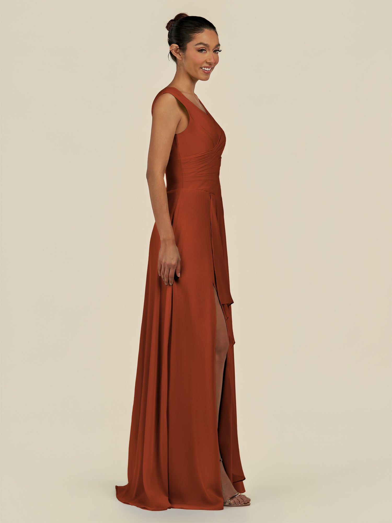 KissDress-Saphir Spice A Line Chiffon V Neck Ruched Long Bridesmaid Dress with Slit