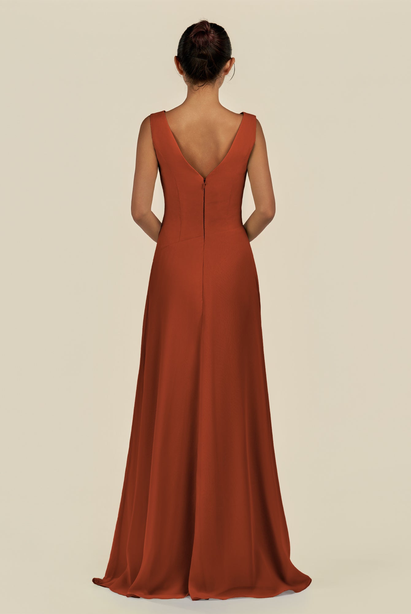 KissDress-Saphir Spice A Line Chiffon V Neck Ruched Long Bridesmaid Dress with Slit