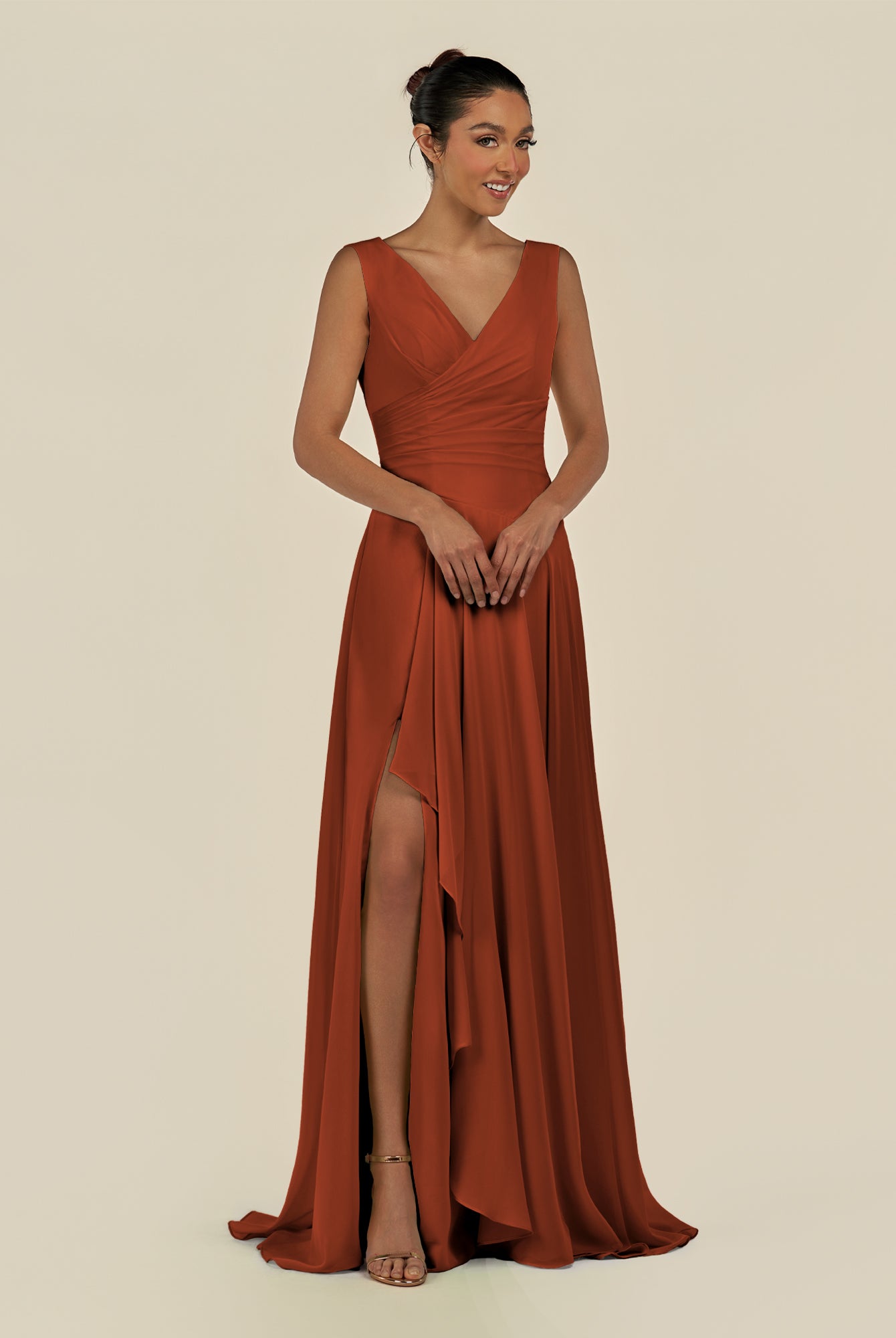 KissDress-Saphir Spice A Line Chiffon V Neck Ruched Long Bridesmaid Dress with Slit