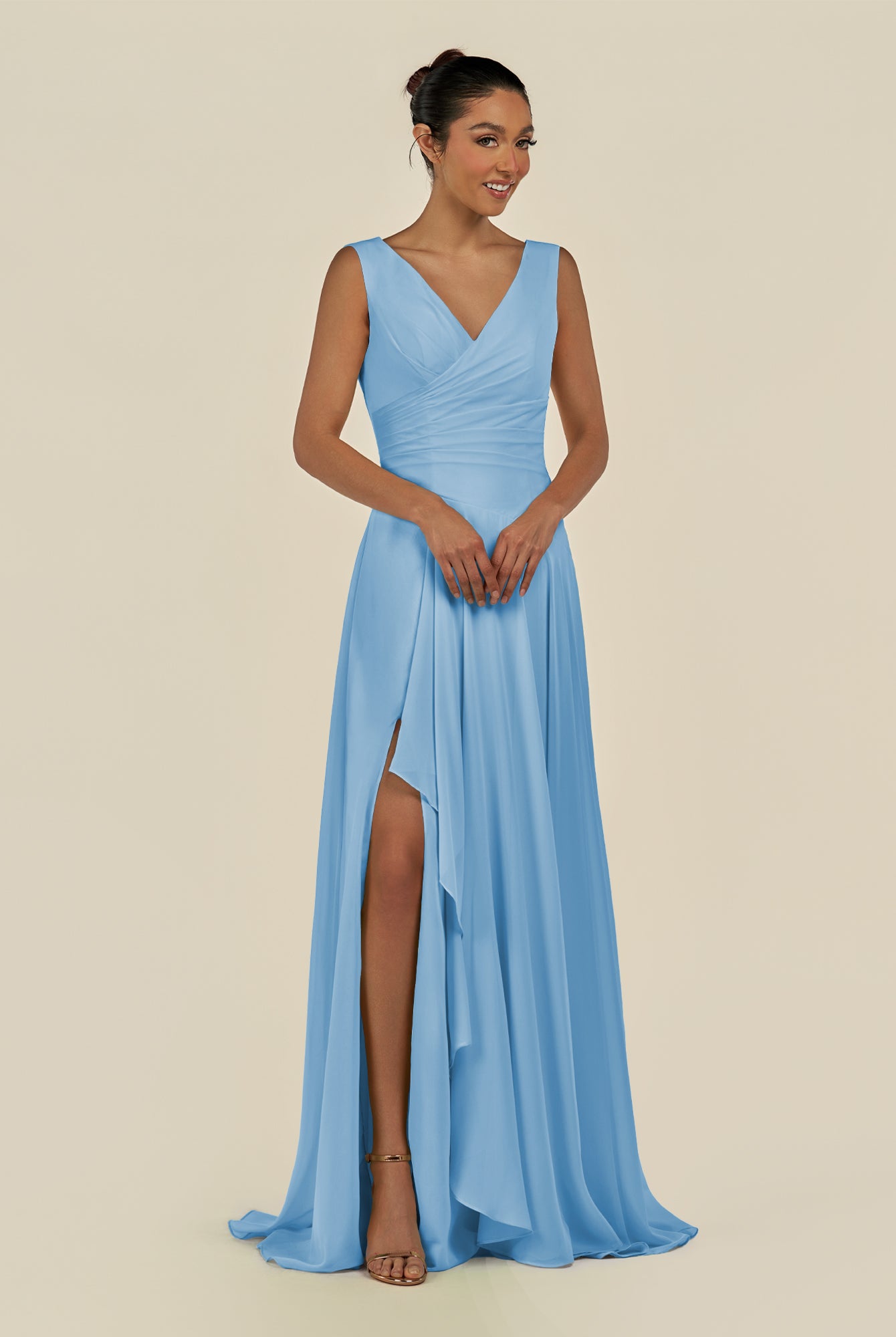 KissDress-Saphir Steel Blue A Line Chiffon V Neck Ruched Long Bridesmaid Dress with Slit