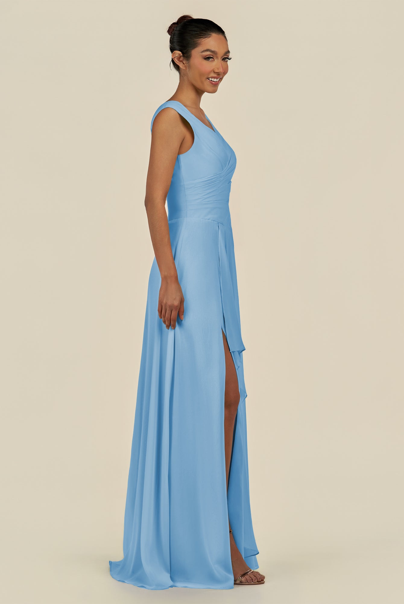 KissDress-Saphir Steel Blue A Line Chiffon V Neck Ruched Long Bridesmaid Dress with Slit