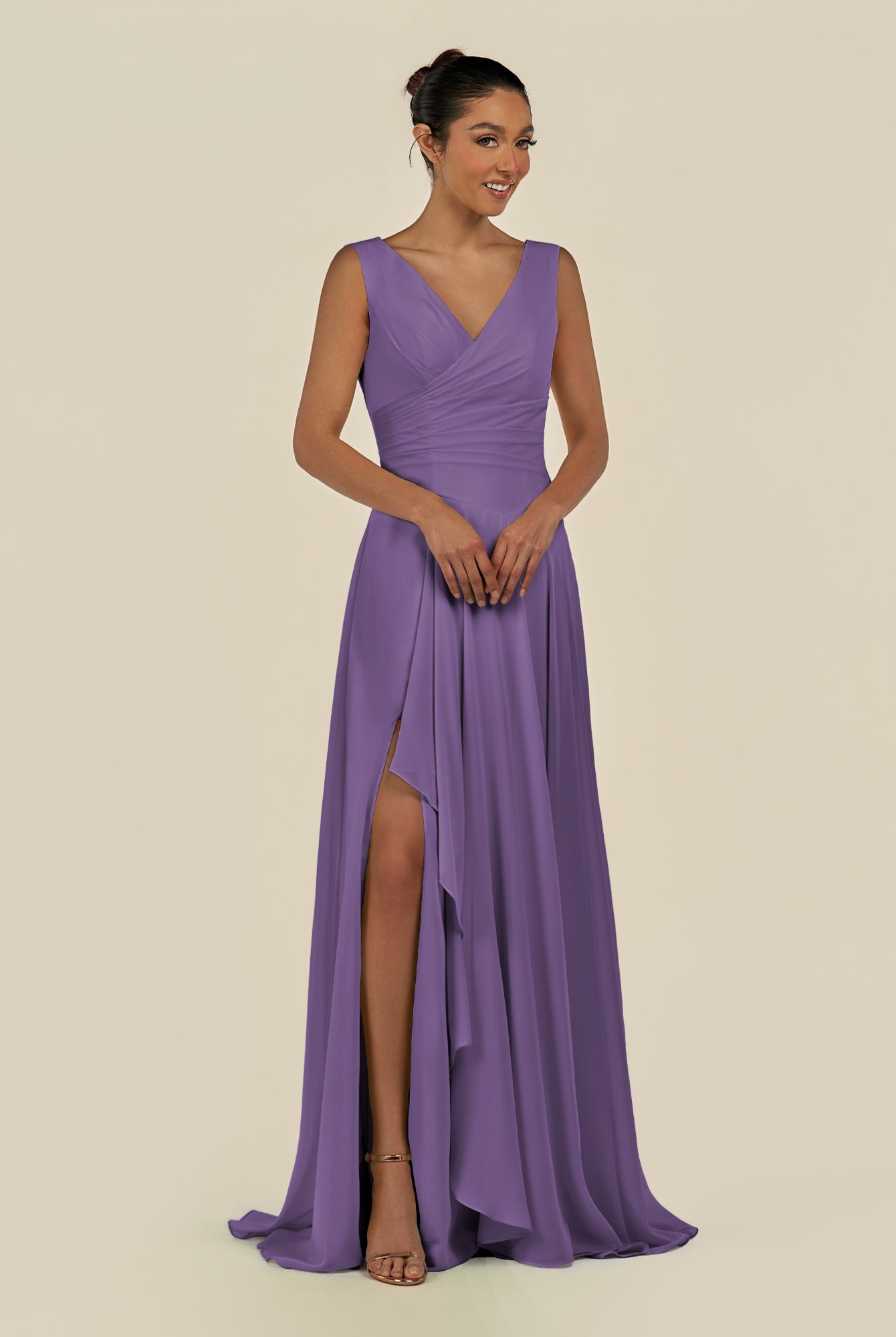 KissDress-Saphir Tahiti A Line Chiffon V Neck Ruched Long Bridesmaid Dress with Slit