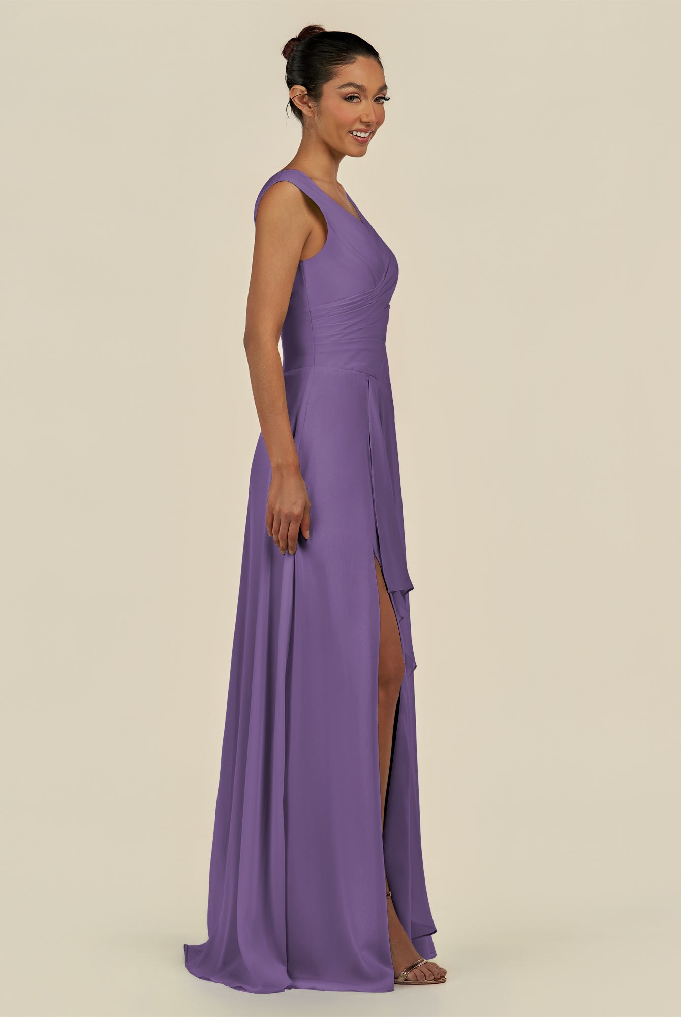 KissDress-Saphir Tahiti A Line Chiffon V Neck Ruched Long Bridesmaid Dress with Slit