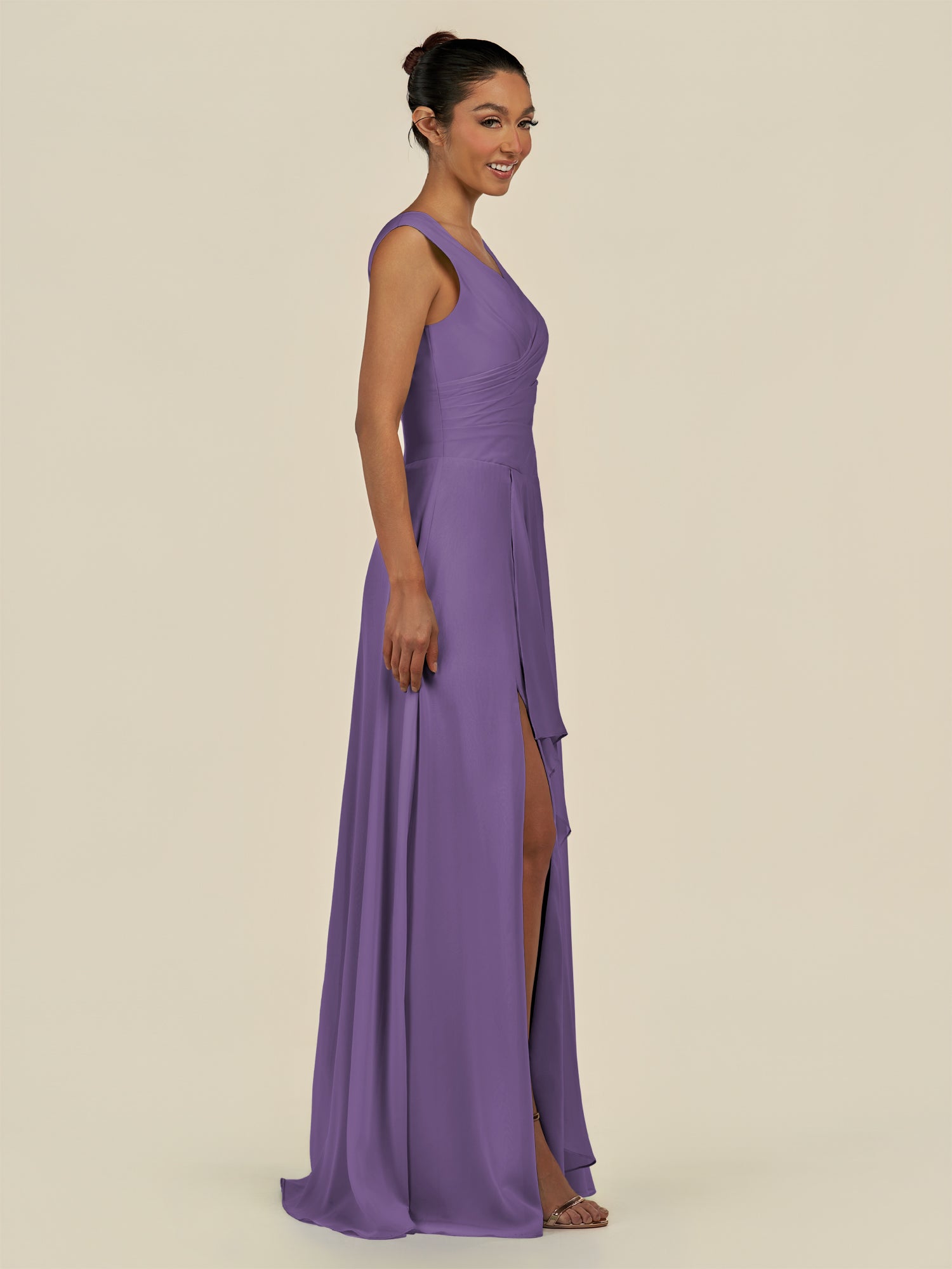 KissDress-Saphir Tahiti A Line Chiffon V Neck Ruched Long Bridesmaid Dress with Slit