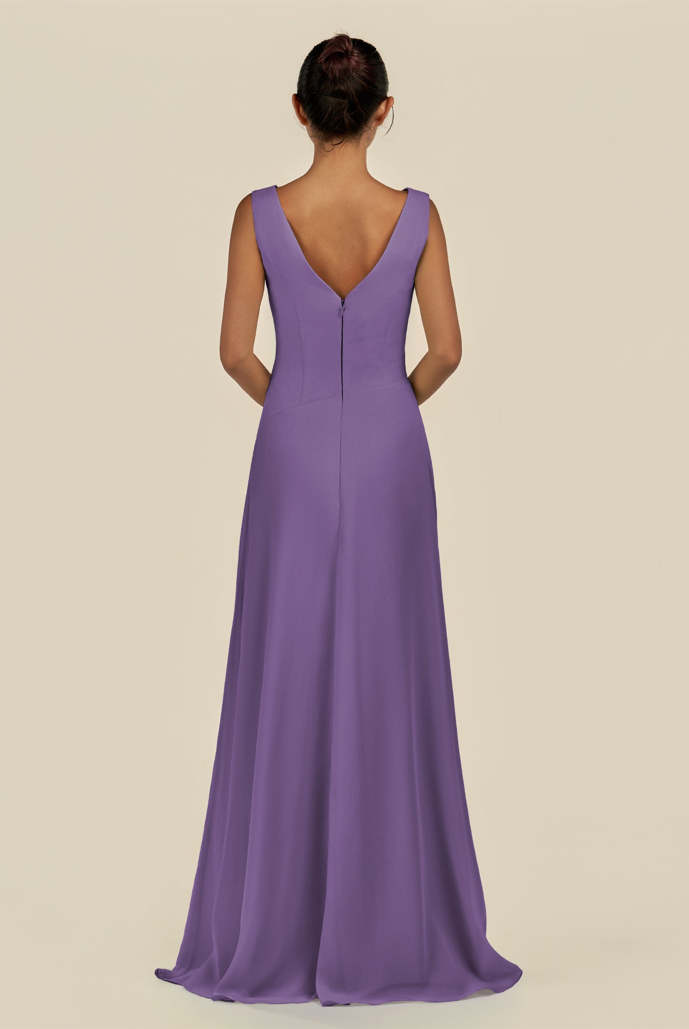 KissDress-Saphir Tahiti A Line Chiffon V Neck Ruched Long Bridesmaid Dress with Slit