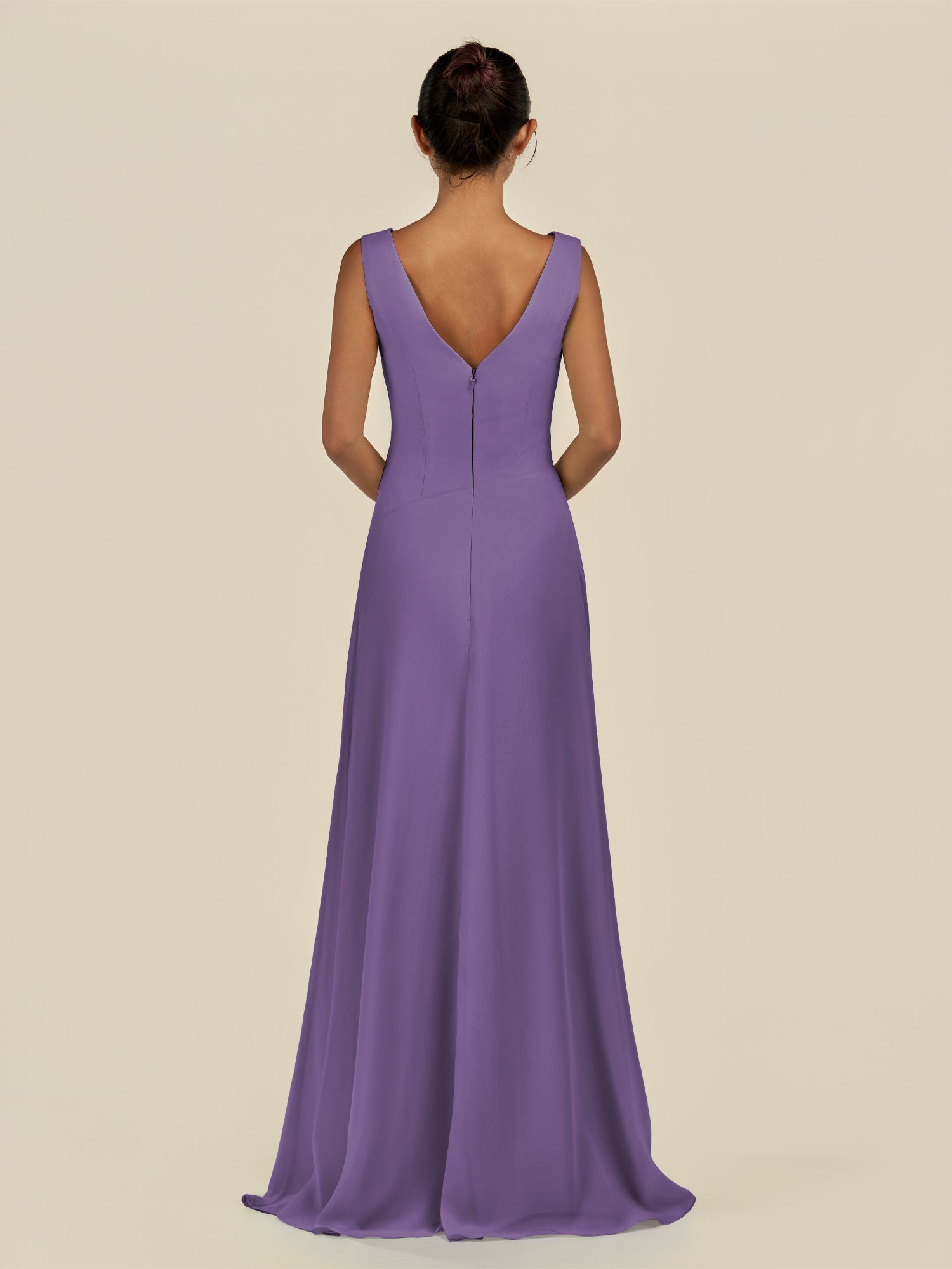 KissDress-Saphir Tahiti A Line Chiffon V Neck Ruched Long Bridesmaid Dress with Slit