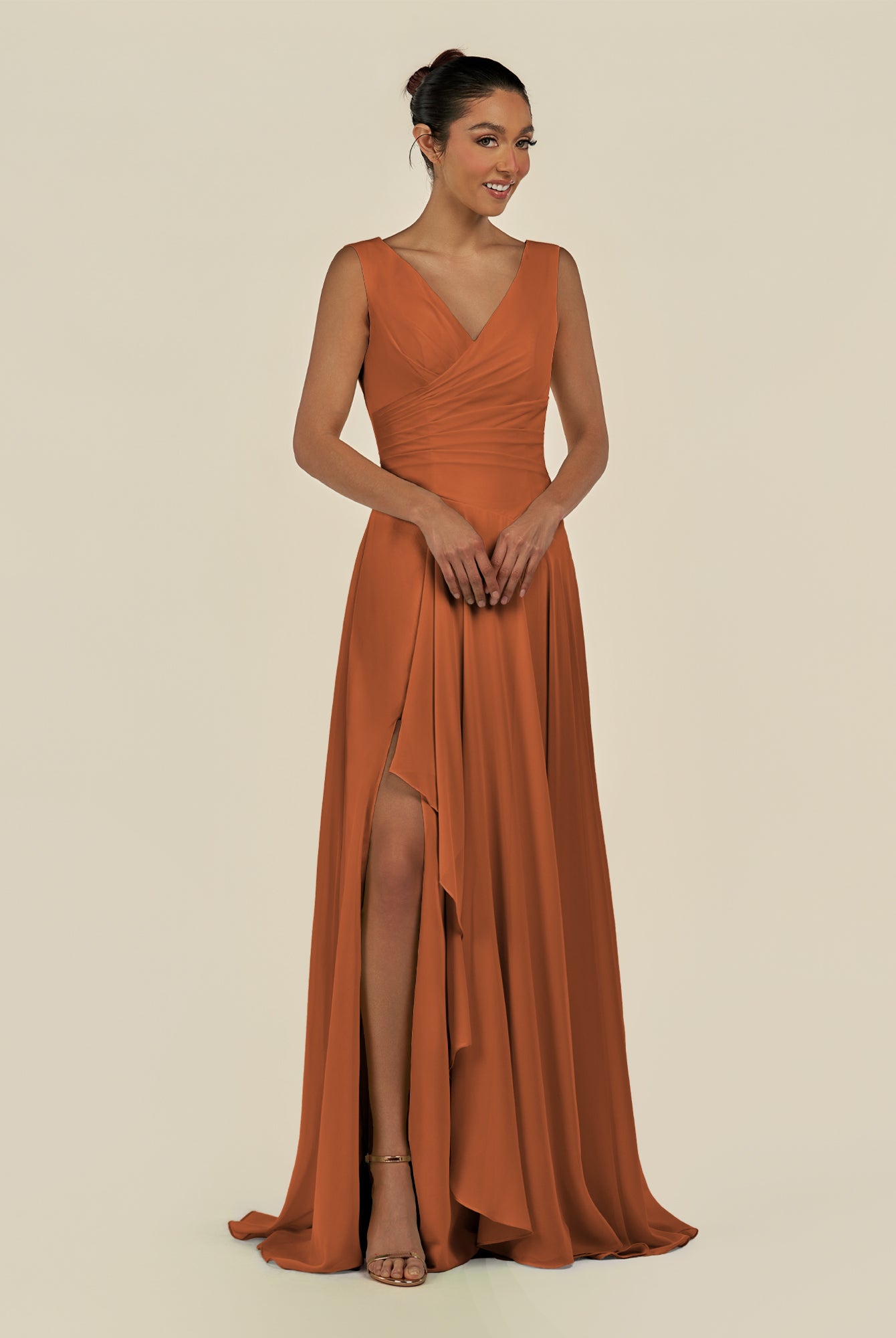 KissDress-Saphir Terracotta A Line Chiffon V Neck Ruched Long Bridesmaid Dress with Slit