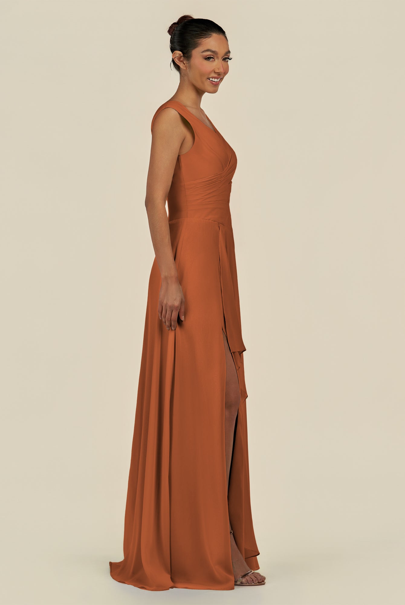 KissDress-Saphir Terracotta A Line Chiffon V Neck Ruched Long Bridesmaid Dress with Slit