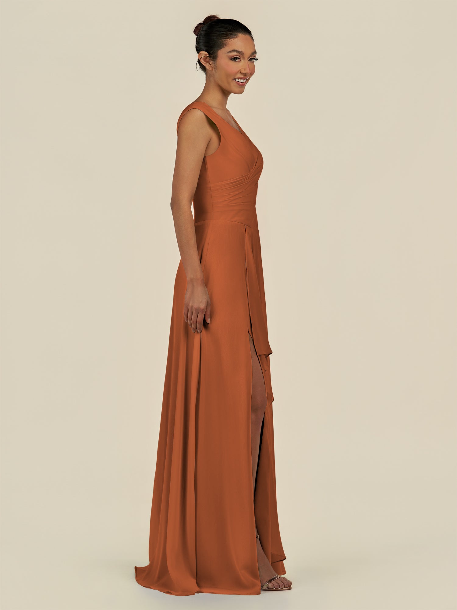 KissDress-Saphir Terracotta A Line Chiffon V Neck Ruched Long Bridesmaid Dress with Slit
