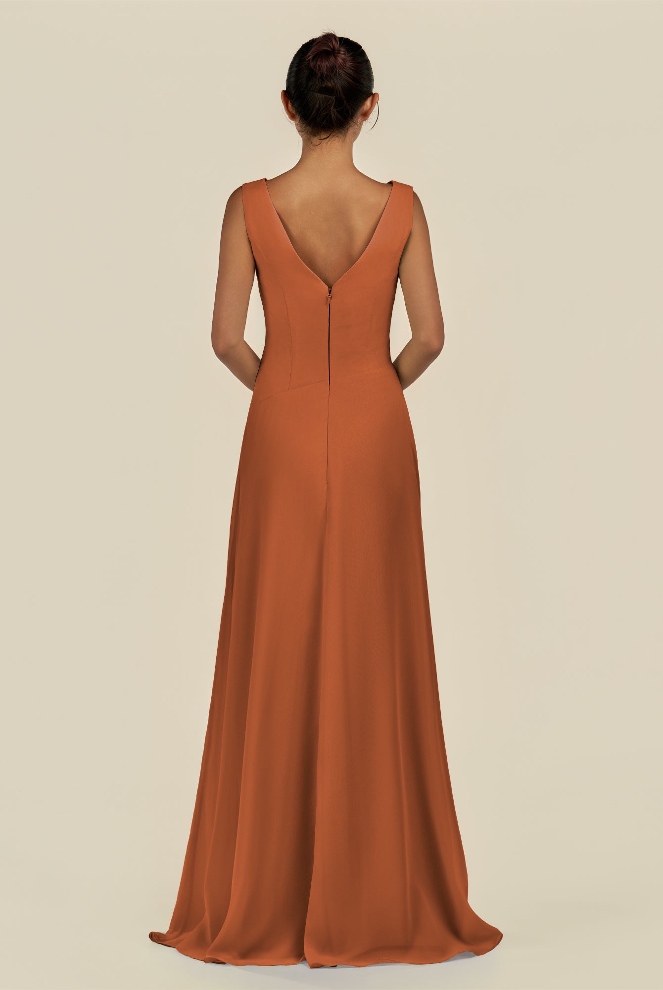 KissDress-Saphir Terracotta A Line Chiffon V Neck Ruched Long Bridesmaid Dress with Slit
