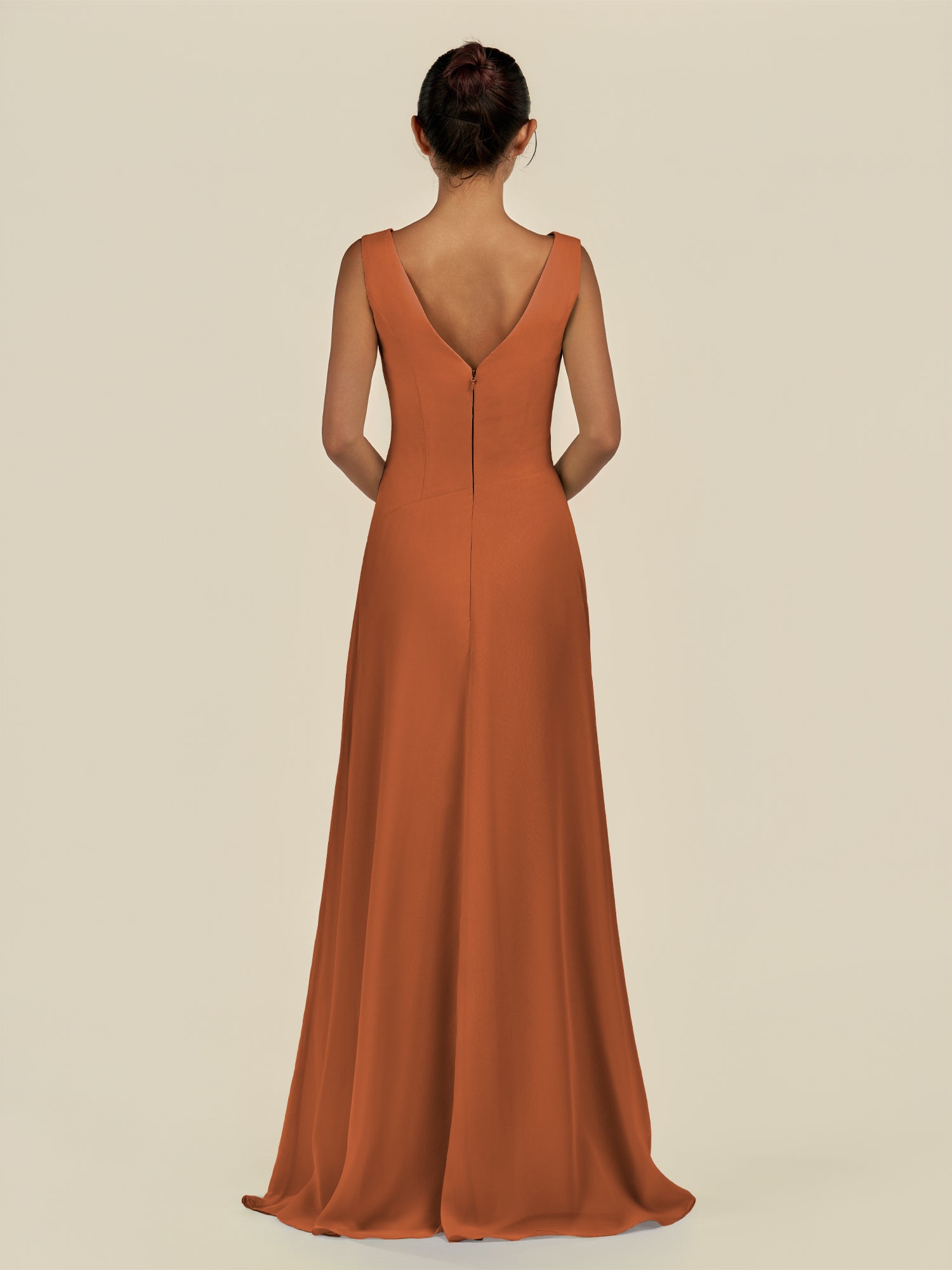 KissDress-Saphir Terracotta A Line Chiffon V Neck Ruched Long Bridesmaid Dress with Slit