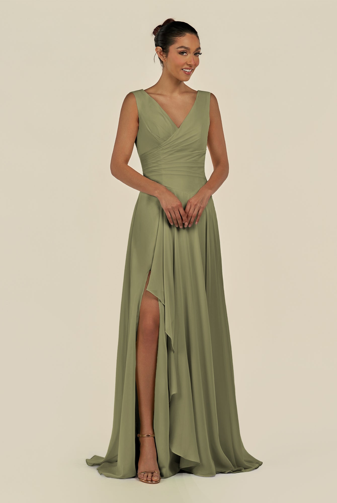 KissDress-Saphir Thyme A Line Chiffon V Neck Ruched Long Bridesmaid Dress with Slit