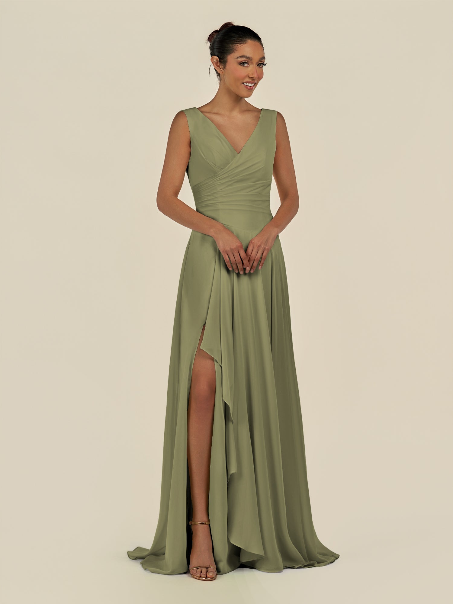 KissDress-Saphir Thyme A Line Chiffon V Neck Ruched Long Bridesmaid Dress with Slit