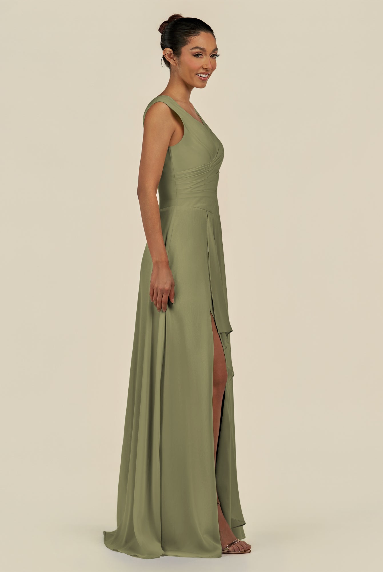 KissDress-Saphir Thyme A Line Chiffon V Neck Ruched Long Bridesmaid Dress with Slit