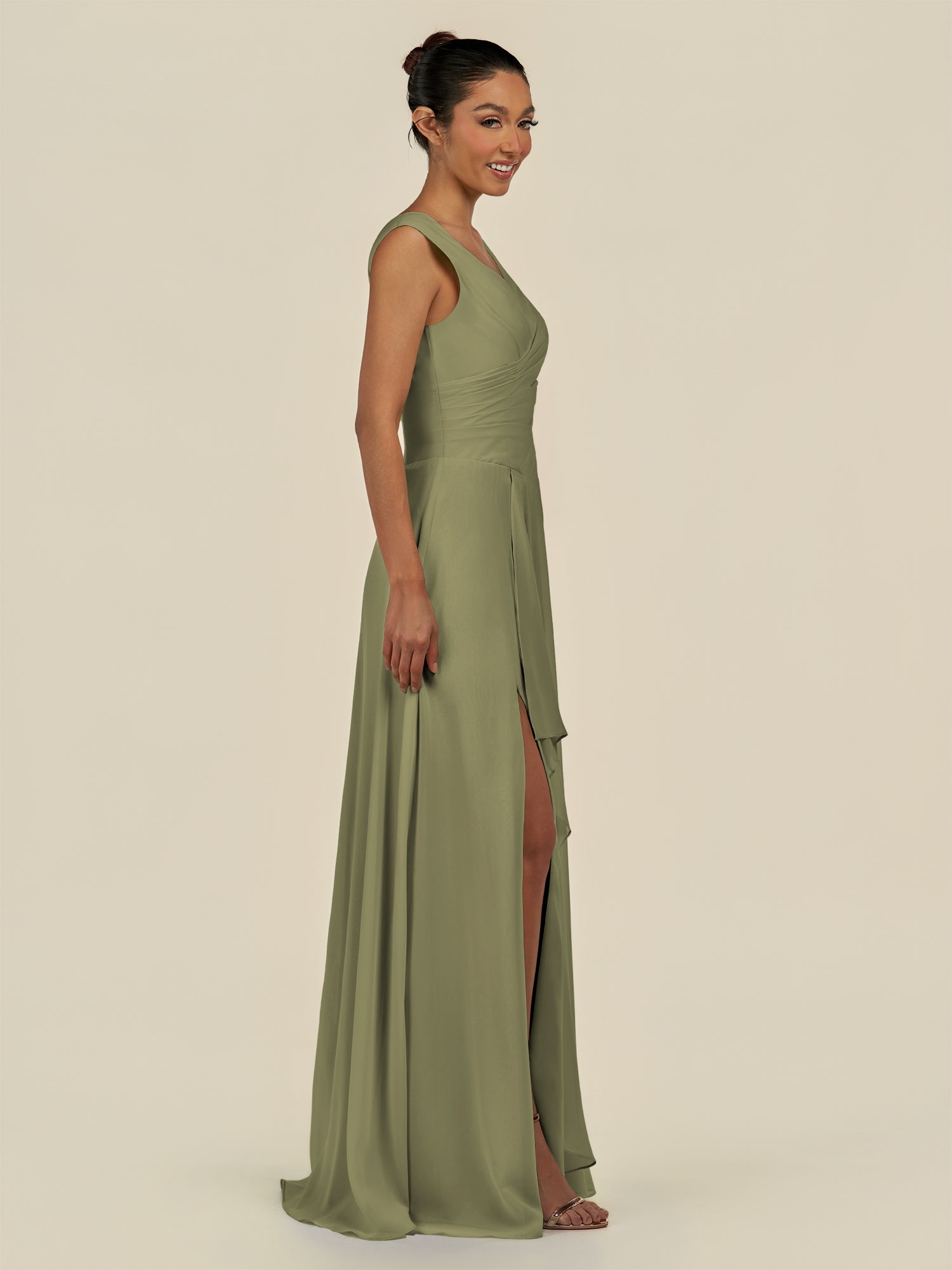 KissDress-Saphir Thyme A Line Chiffon V Neck Ruched Long Bridesmaid Dress with Slit