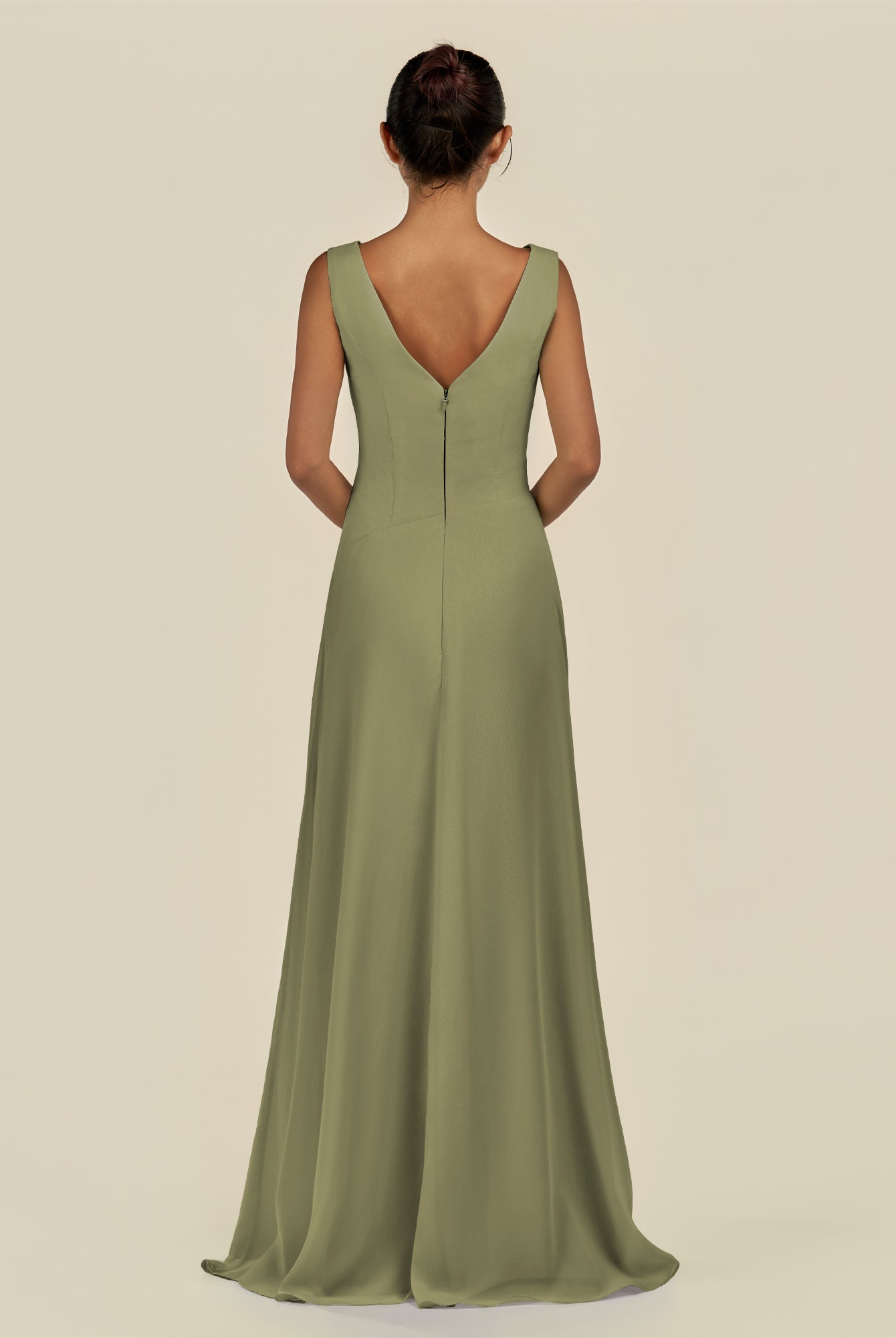 KissDress-Saphir Thyme A Line Chiffon V Neck Ruched Long Bridesmaid Dress with Slit