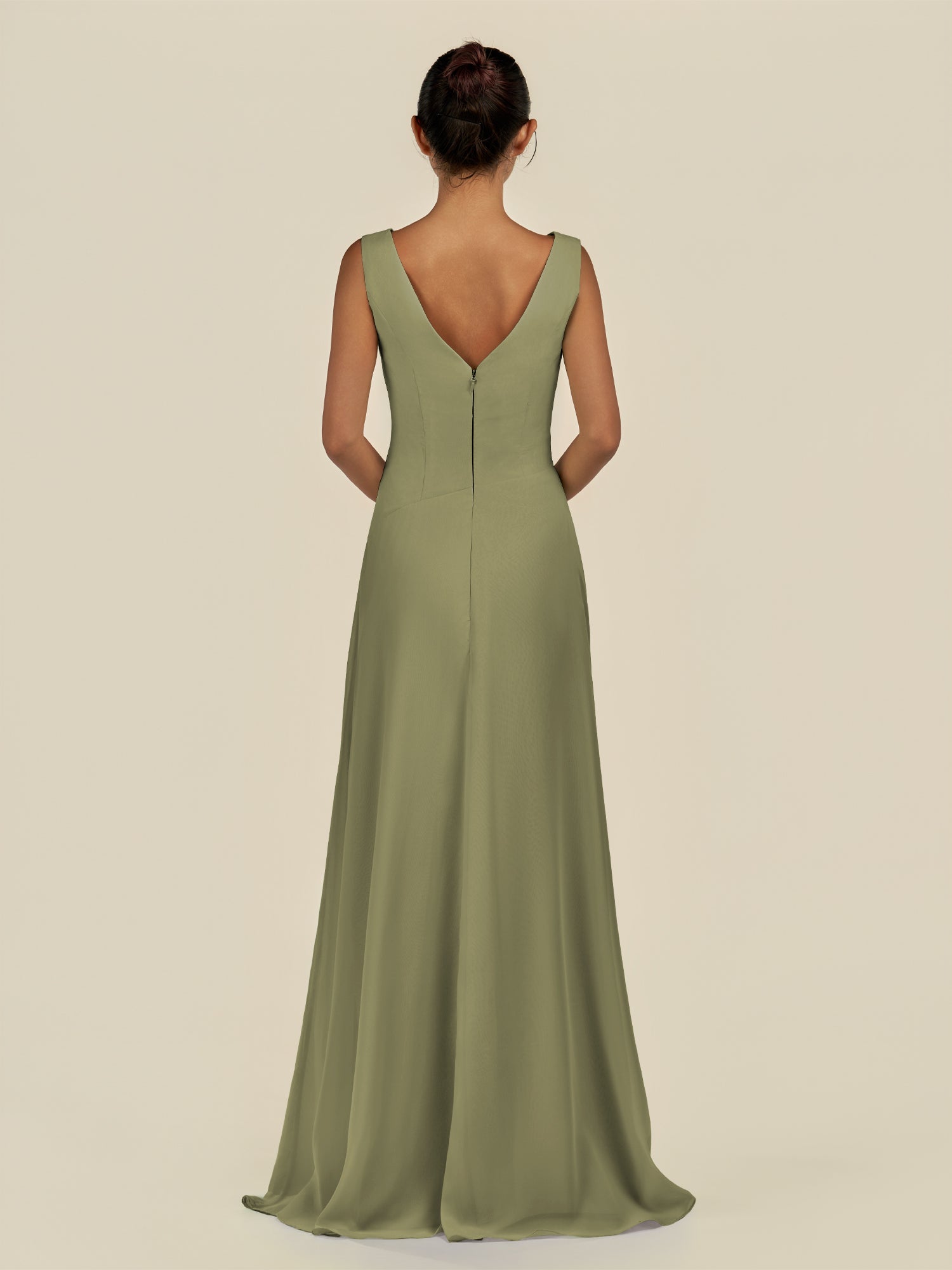 KissDress-Saphir Thyme A Line Chiffon V Neck Ruched Long Bridesmaid Dress with Slit