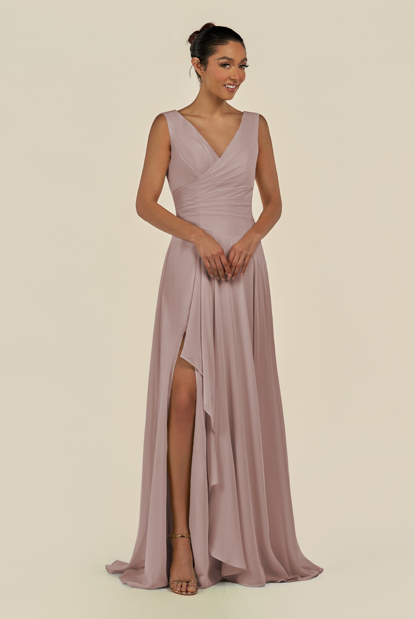 KissDress-Saphir Toffee A Line Chiffon V Neck Ruched Long Bridesmaid Dress with Slit
