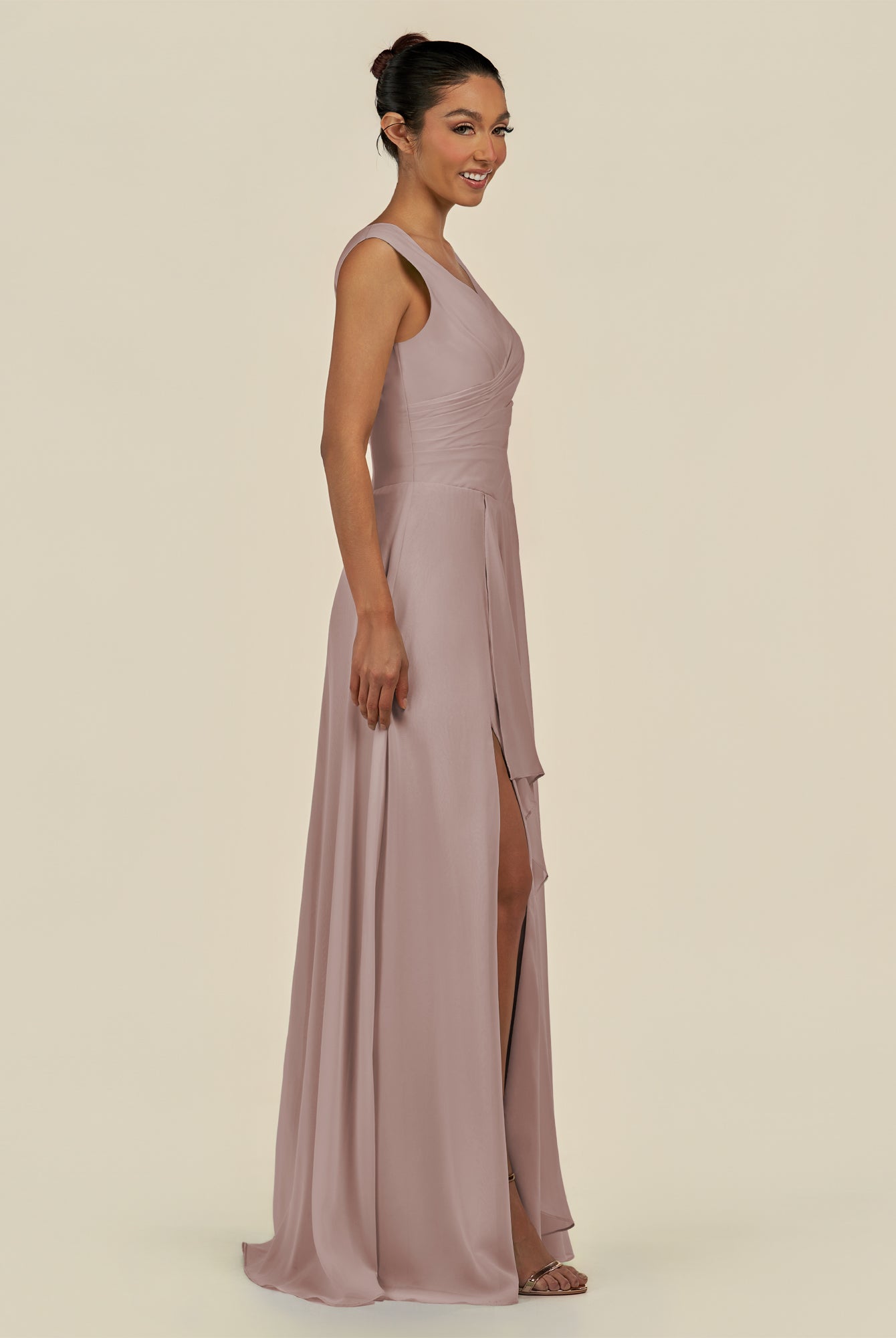 KissDress-Saphir Toffee A Line Chiffon V Neck Ruched Long Bridesmaid Dress with Slit
