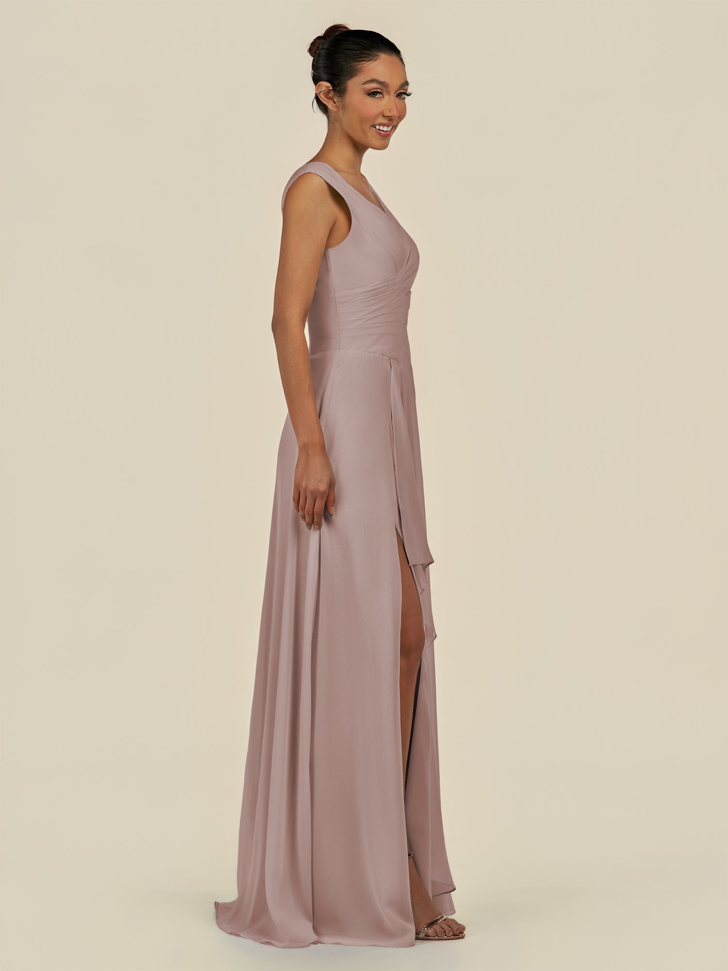 KissDress-Saphir Toffee A Line Chiffon V Neck Ruched Long Bridesmaid Dress with Slit