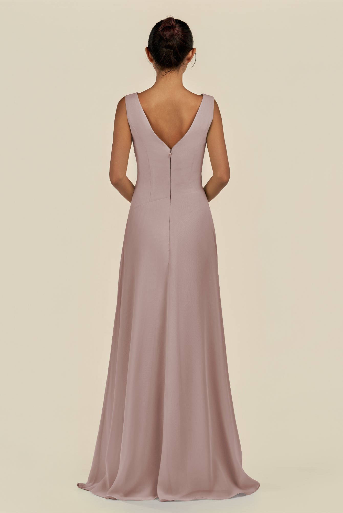 KissDress-Saphir Toffee A Line Chiffon V Neck Ruched Long Bridesmaid Dress with Slit