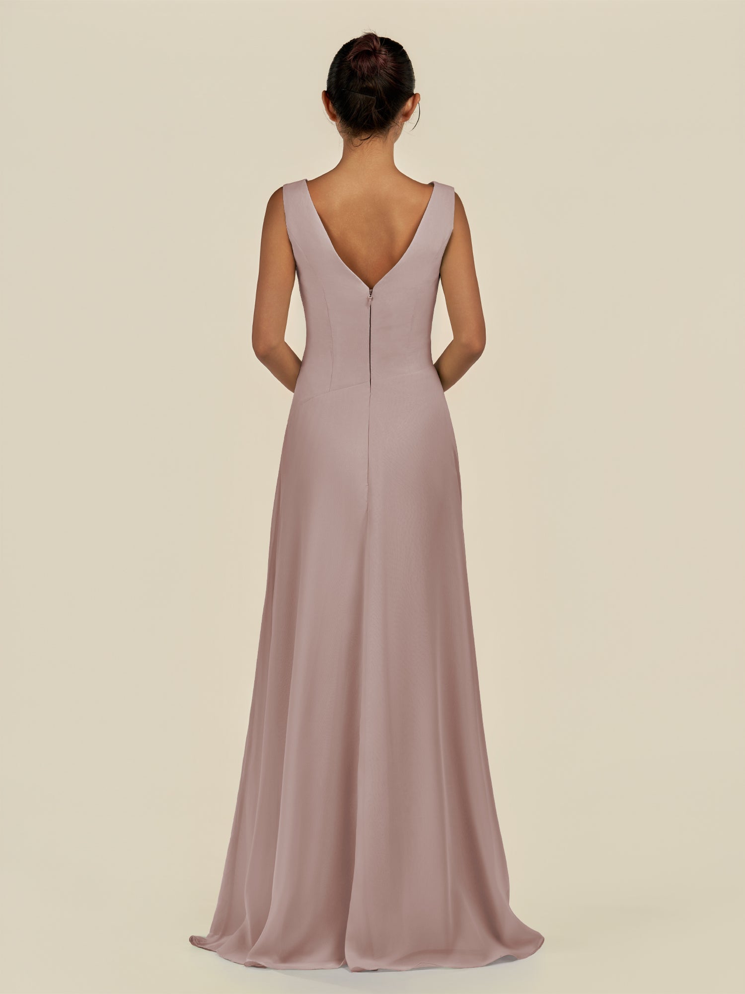 KissDress-Saphir Toffee A Line Chiffon V Neck Ruched Long Bridesmaid Dress with Slit