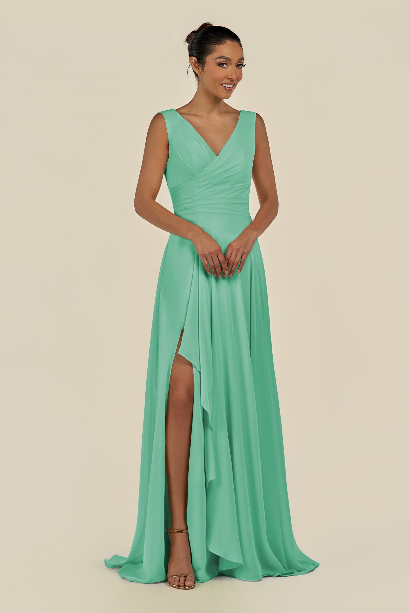 KissDress-Saphir Turquoise A Line Chiffon V Neck Ruched Long Bridesmaid Dress with Slit