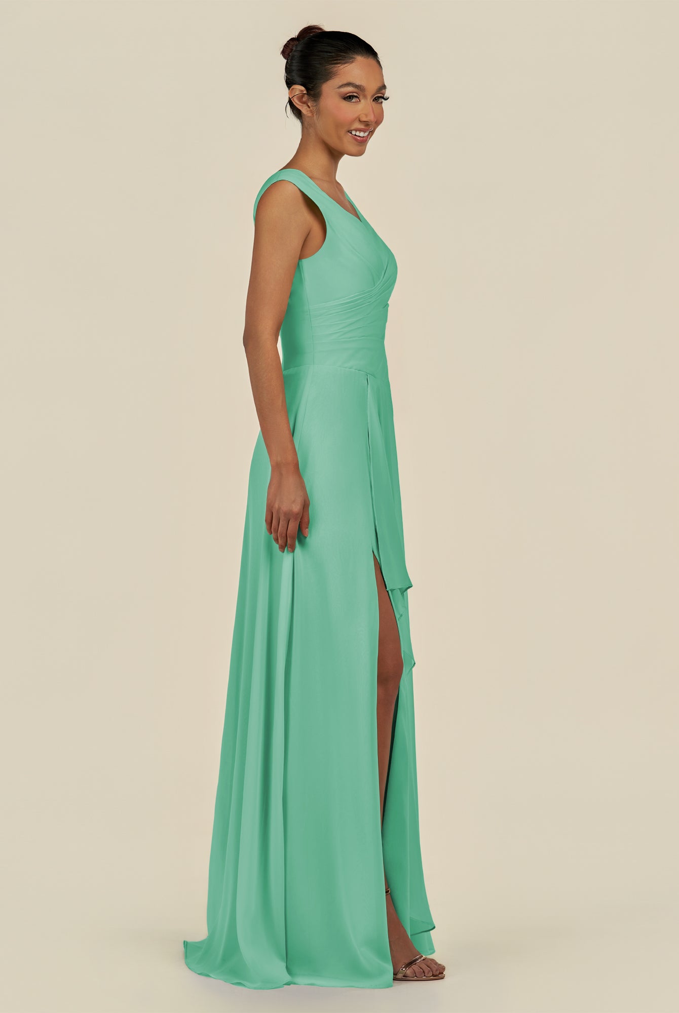 KissDress-Saphir Turquoise A Line Chiffon V Neck Ruched Long Bridesmaid Dress with Slit