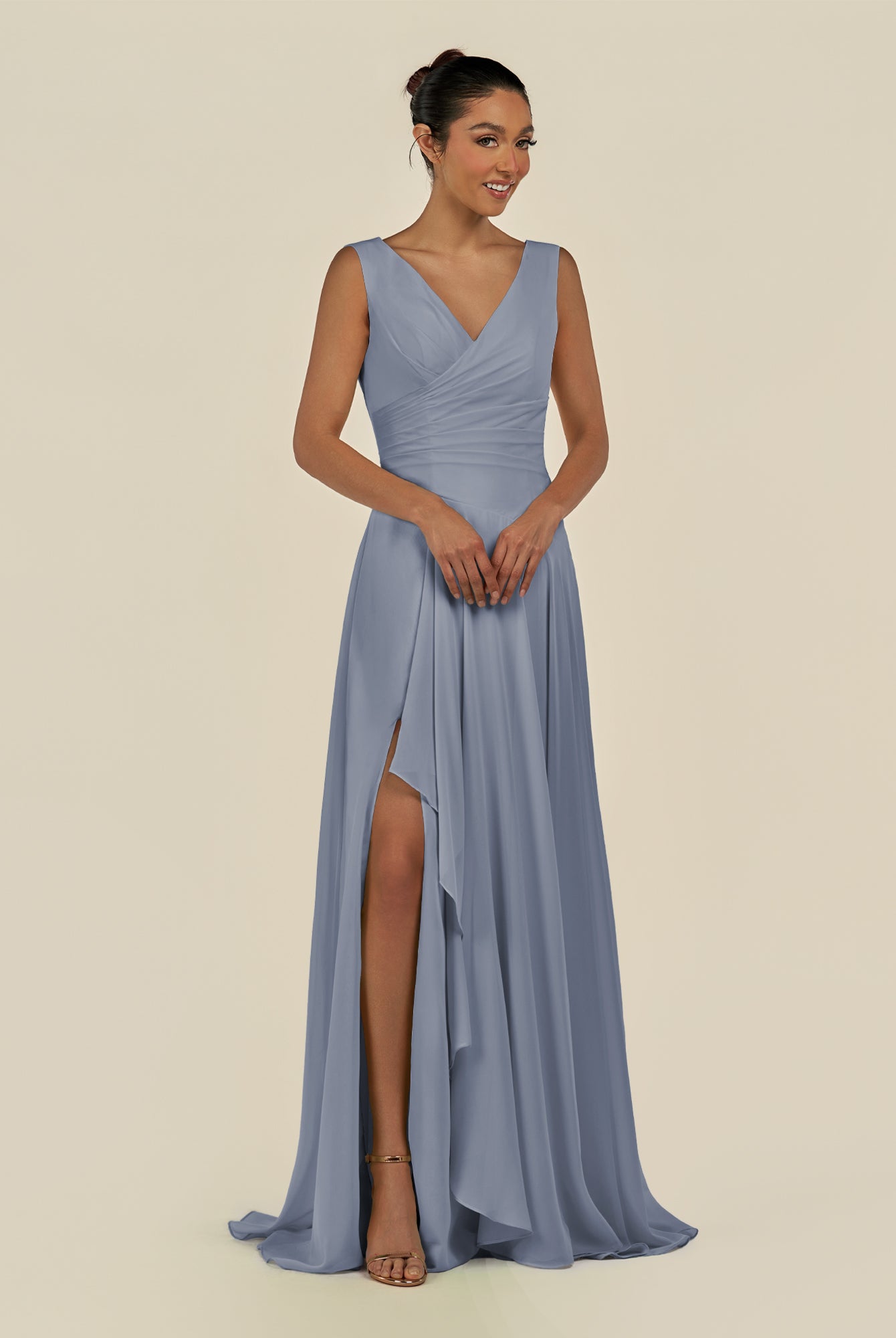 KissDress-Saphir Twilight A Line Chiffon V Neck Ruched Long Bridesmaid Dress with Slit