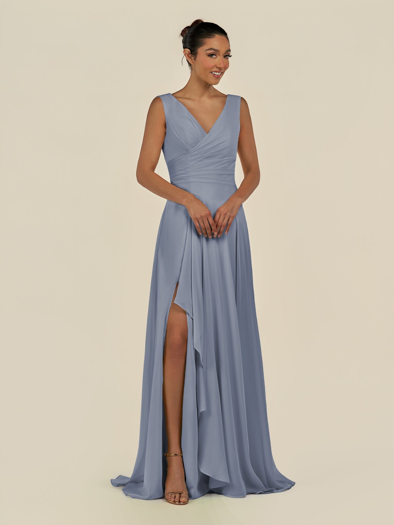 KissDress-Saphir Twilight A Line Chiffon V Neck Ruched Long Bridesmaid Dress with Slit