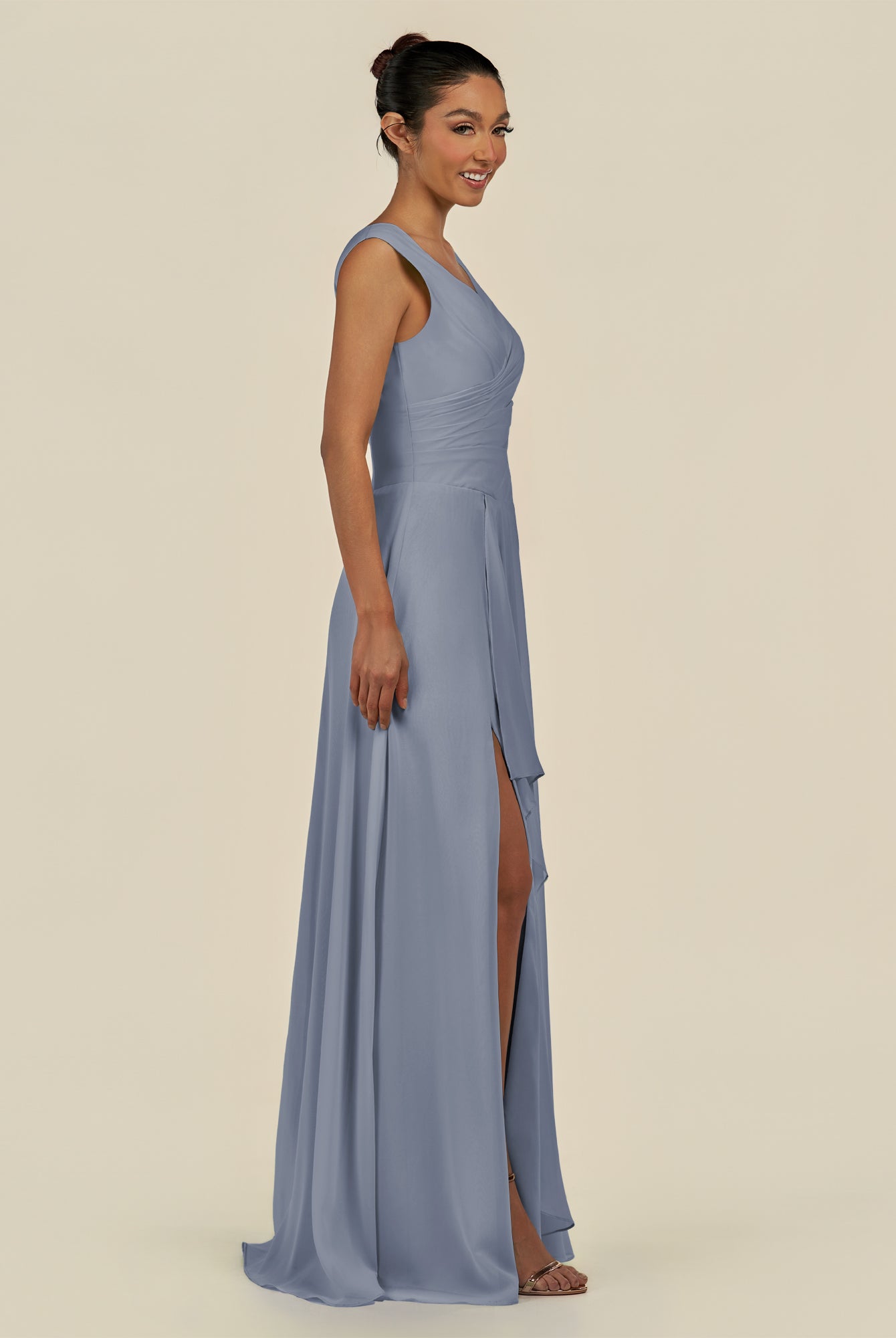 KissDress-Saphir Twilight A Line Chiffon V Neck Ruched Long Bridesmaid Dress with Slit
