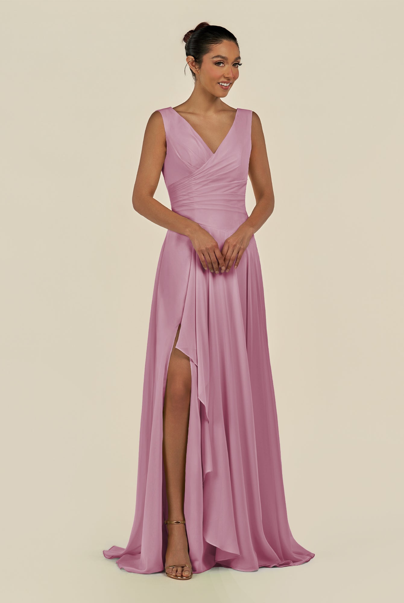 KissDress-Saphir Vintage Mauve A Line Chiffon V Neck Ruched Long Bridesmaid Dress with Slit