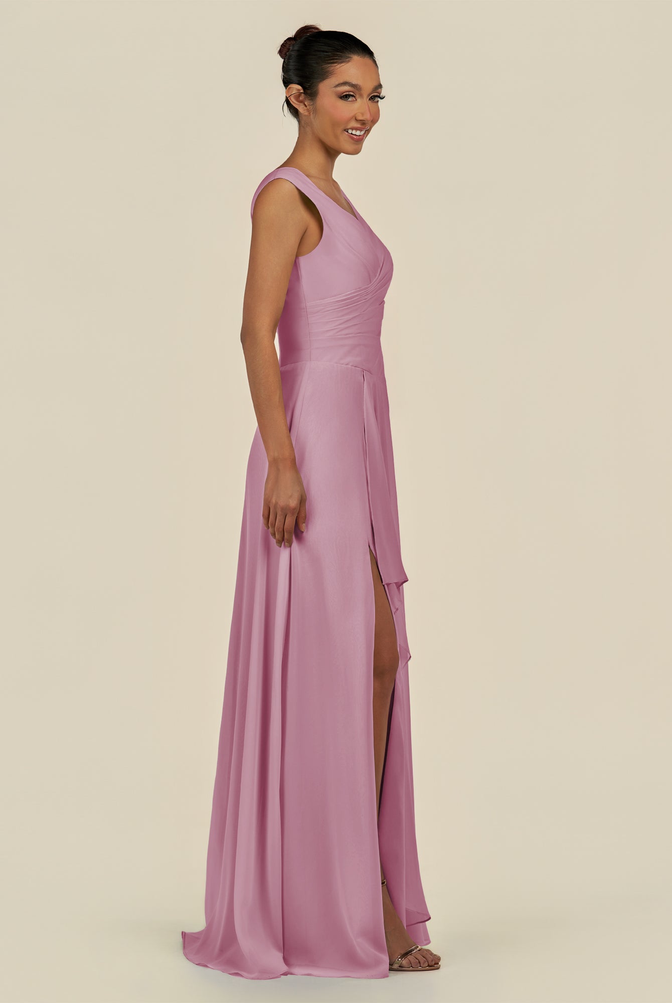 KissDress-Saphir Vintage Mauve A Line Chiffon V Neck Ruched Long Bridesmaid Dress with Slit