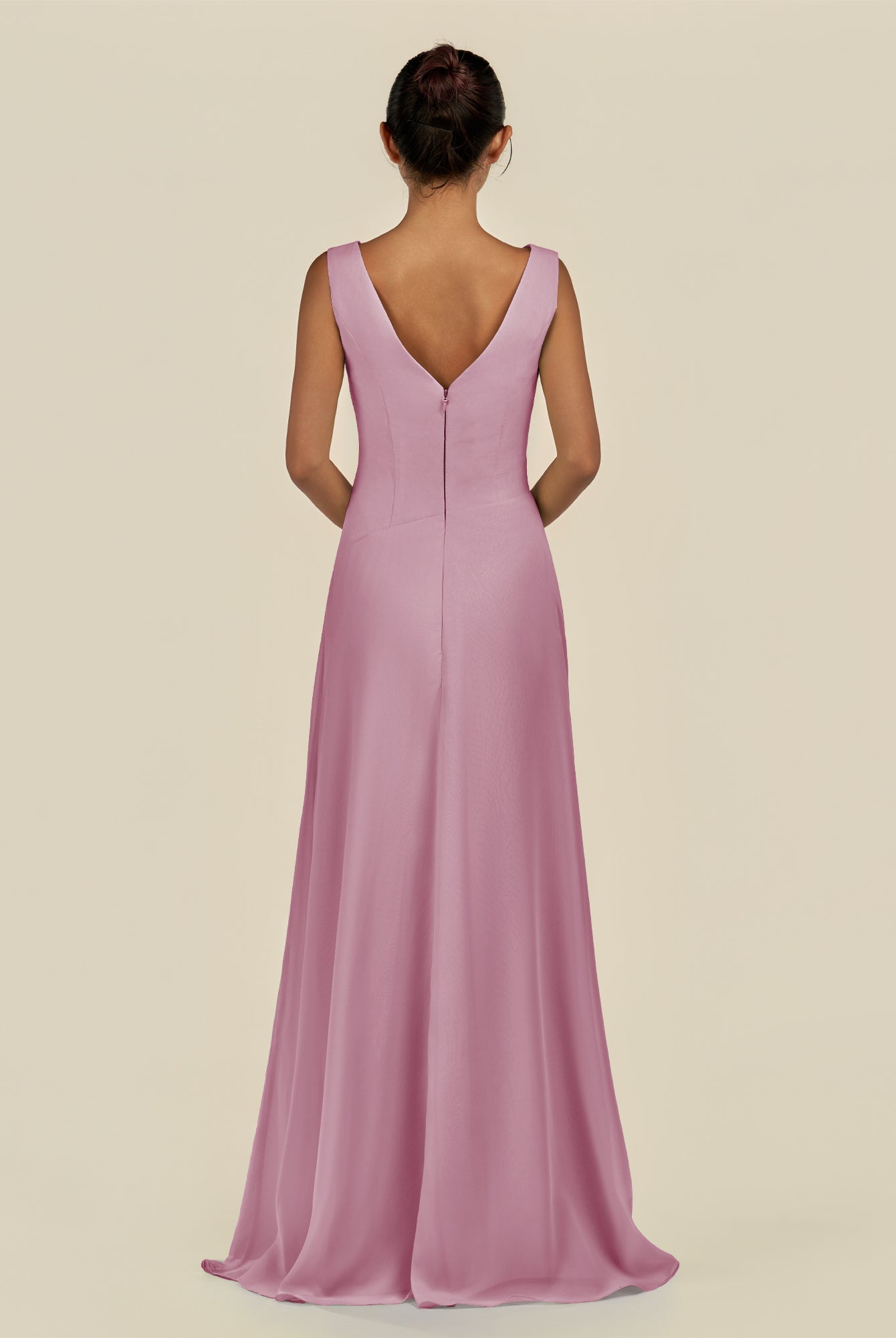 KissDress-Saphir Vintage Mauve A Line Chiffon V Neck Ruched Long Bridesmaid Dress with Slit